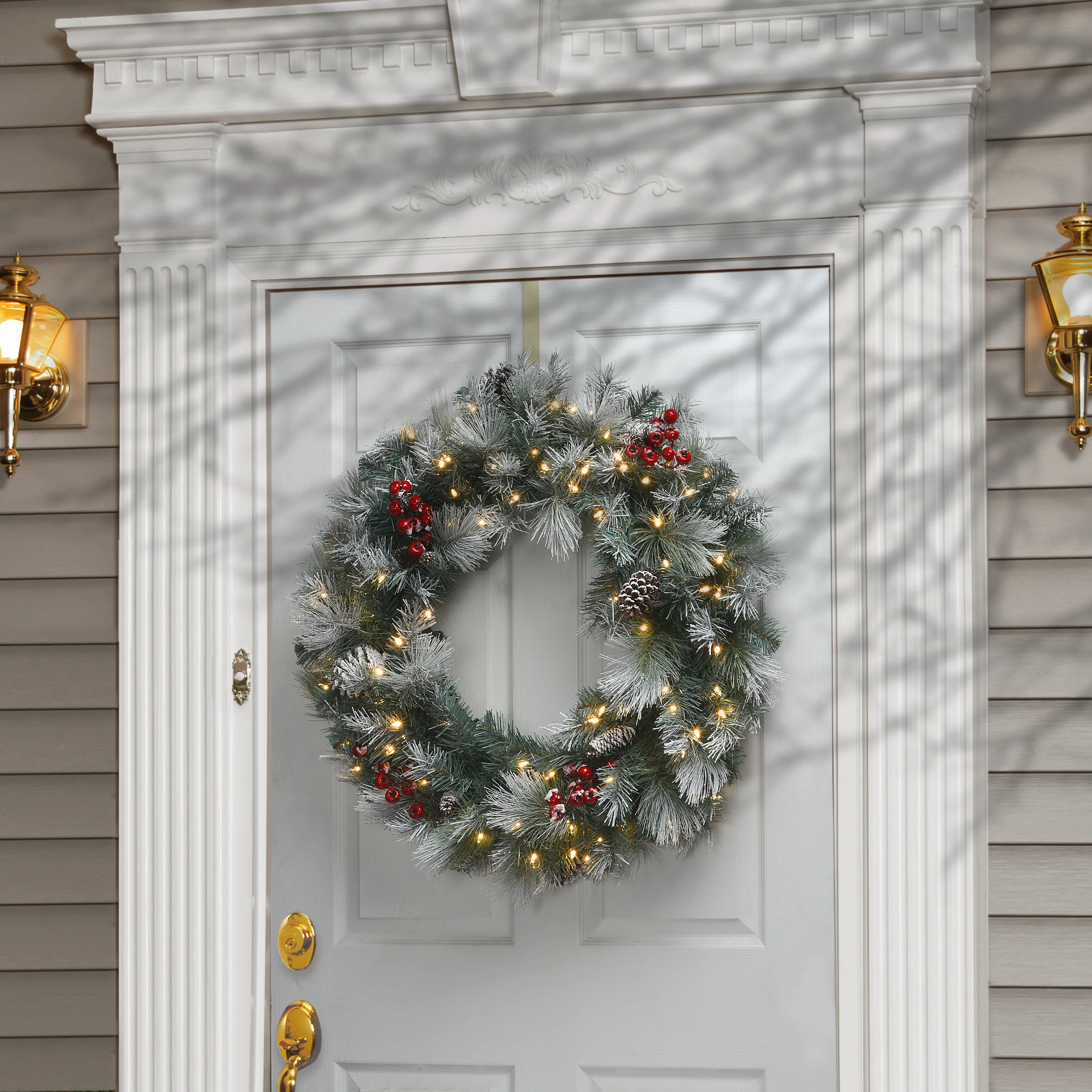 30 in. Pre-Lit Snowy Glacier Pine Wreath with LED Lights - Image 2