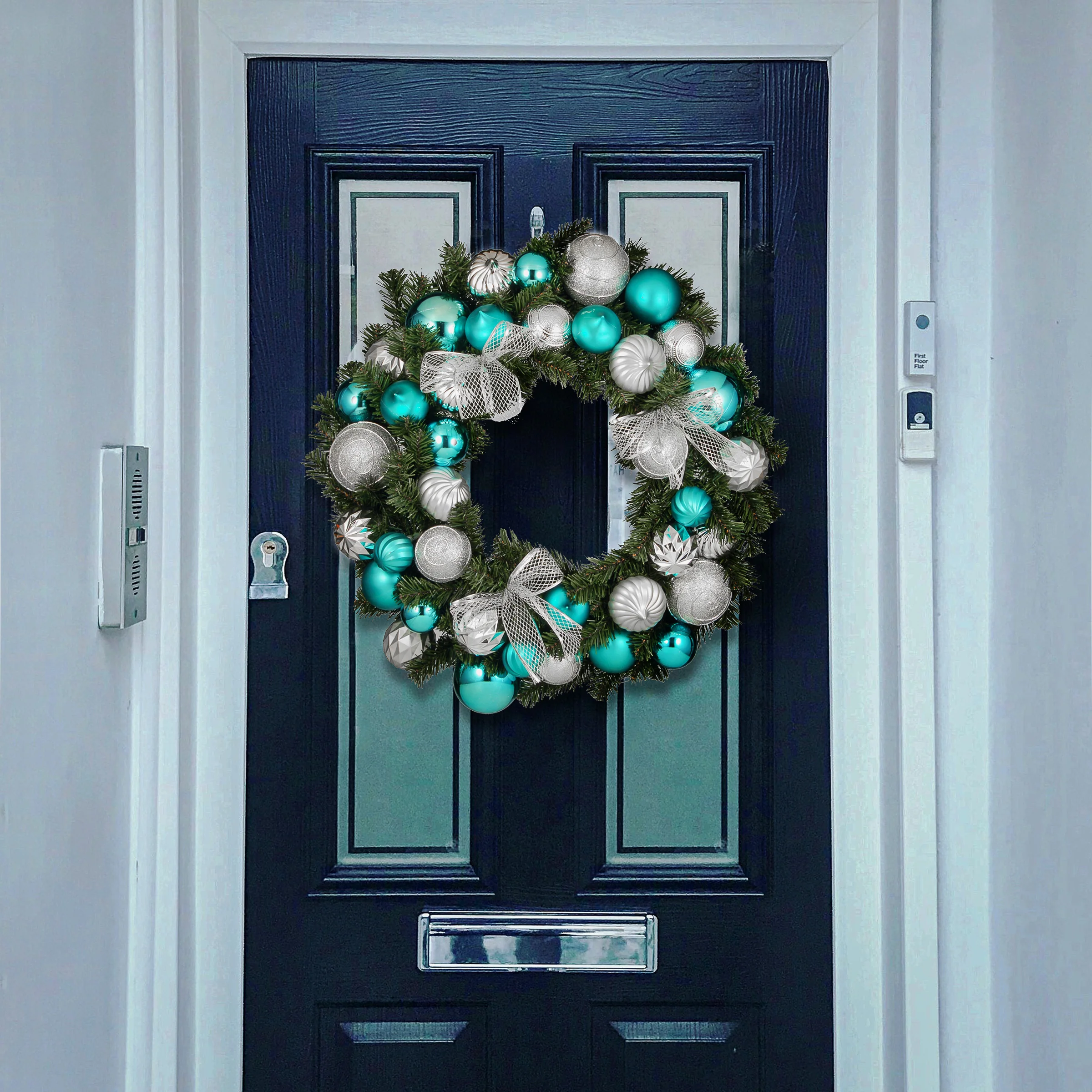 30 in. Silver and Blue Ornament Wreath - Image 2