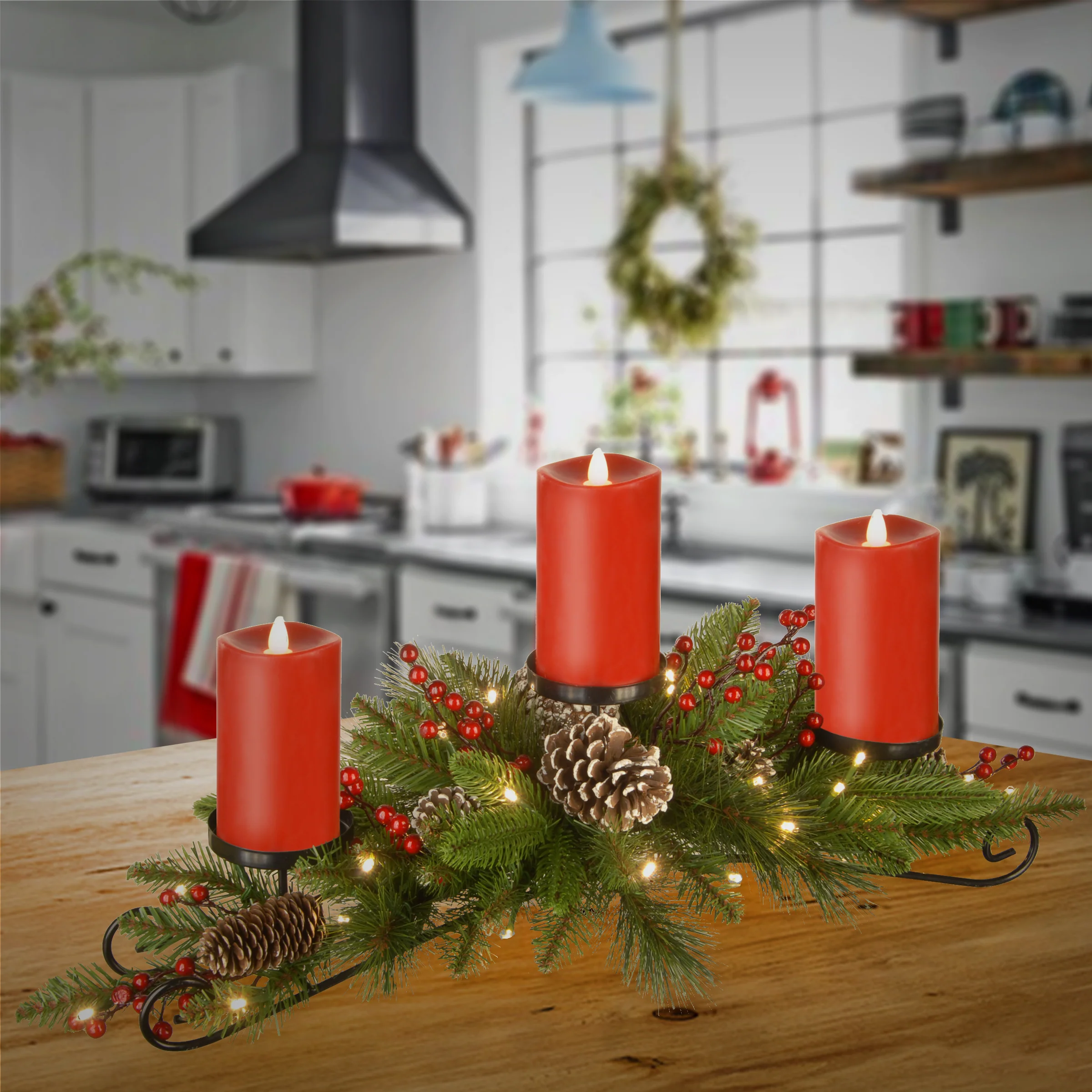30 in. Pre-Lit Bristle Berry Candle Holder Centerpiece with LED lights - Image 2
