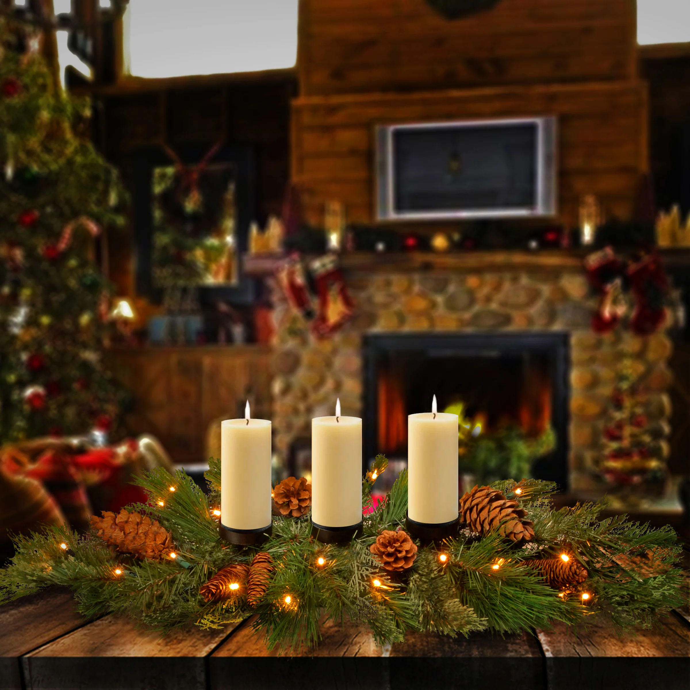 30 in. Pre-Lit White Pine Candle Holder Centerpiece with Warm White LED Lights - Image 2
