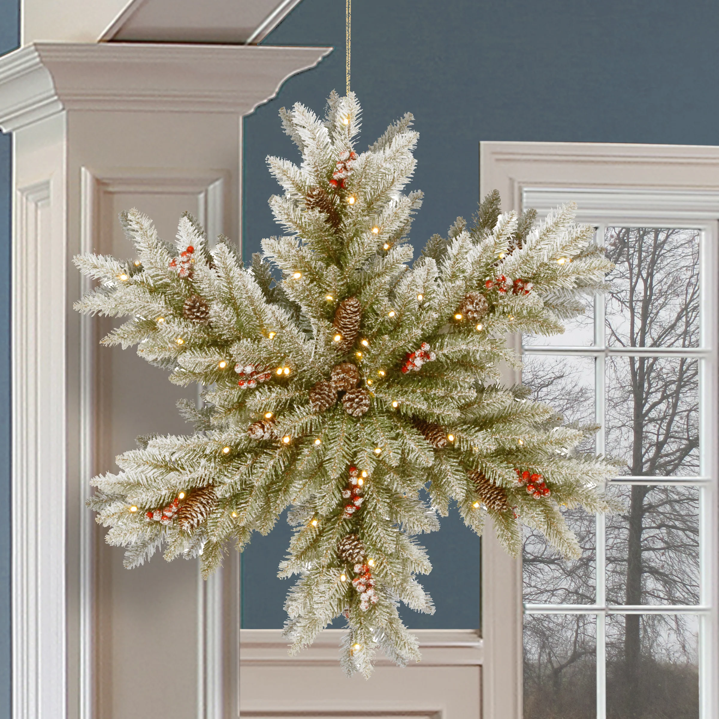 32 in. Pre-Lit  Dunhill Fir Double-Sided Flocked Snowflake with LED Lights - Image 2