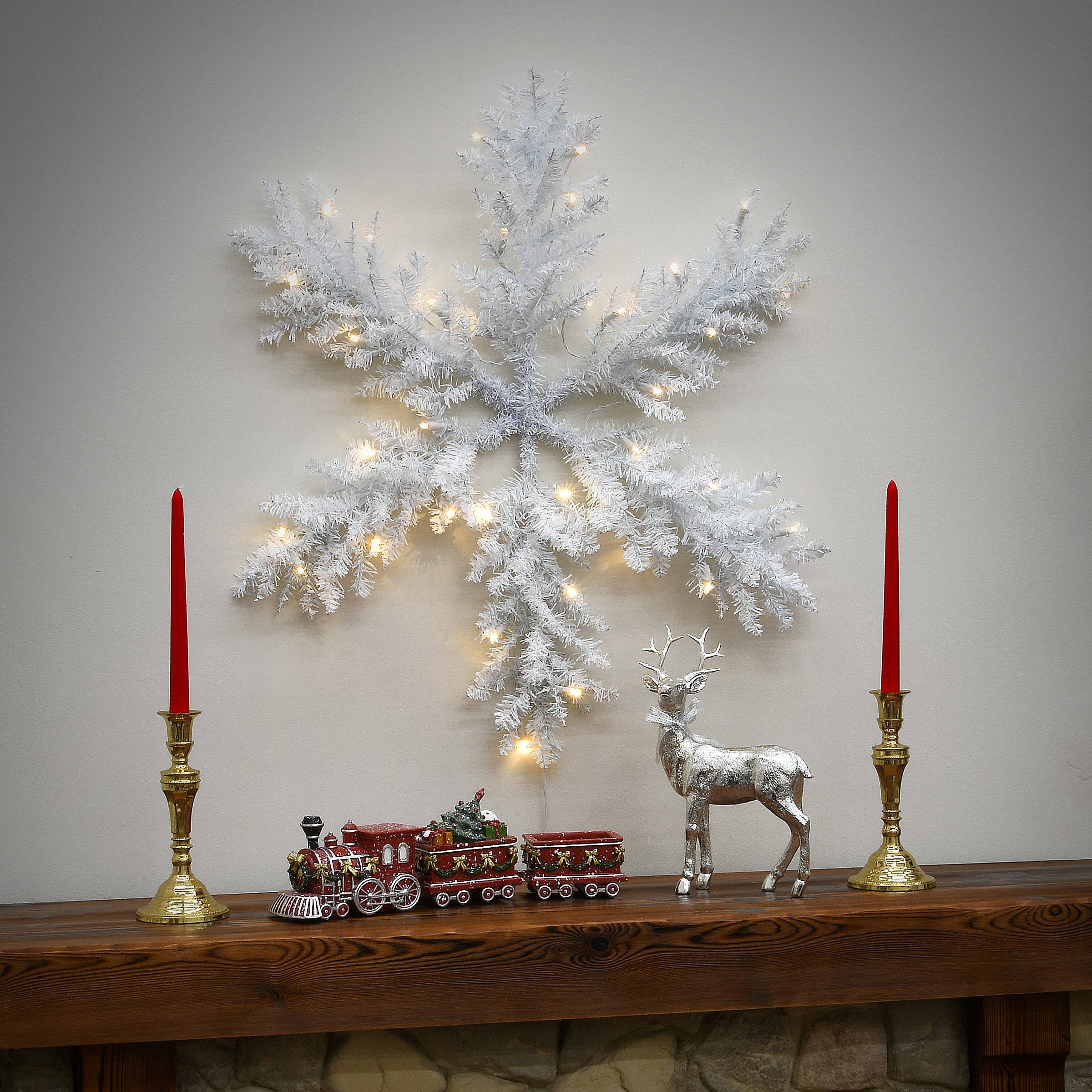 32 in. Pre-Lit Tinsel Collection White Iridescent Snowflake with Warm White LED Lights - Image 2