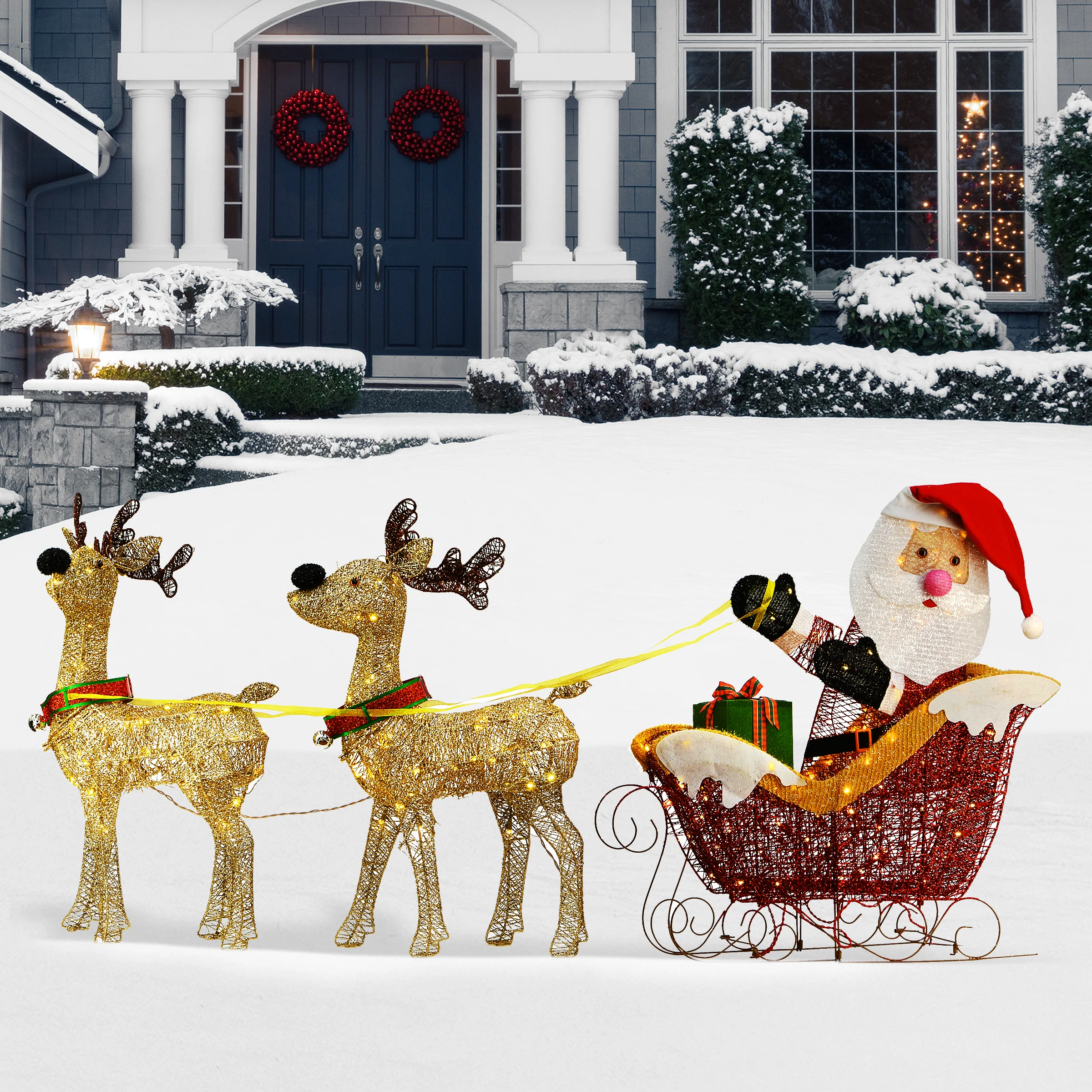 34 in. Santa and Reindeer with Clear Lights, Plug-In - Image 2