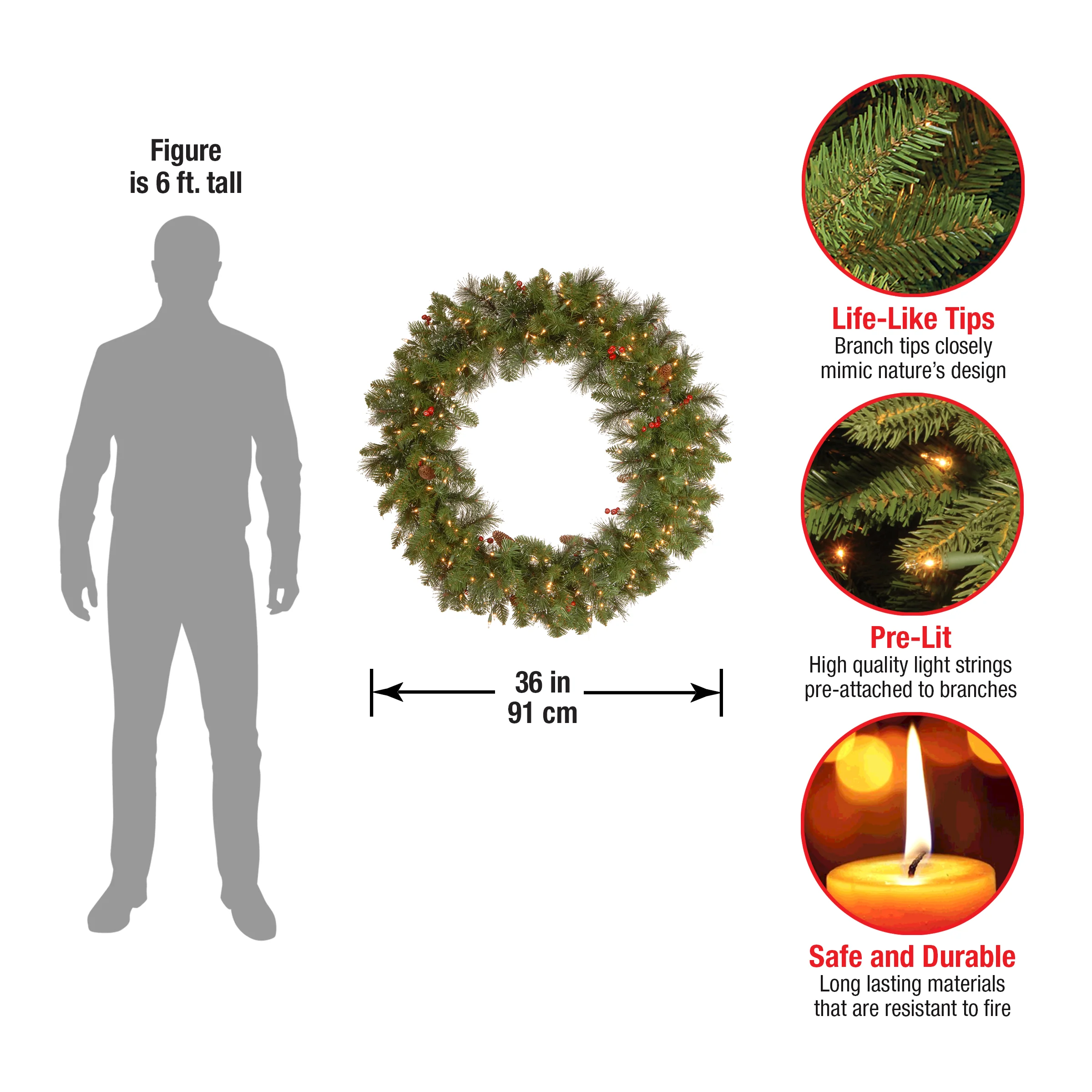 36 in. Pre-Lit Crestwood Spruce Wreath with Clear Lights, Plug-In - Image 4