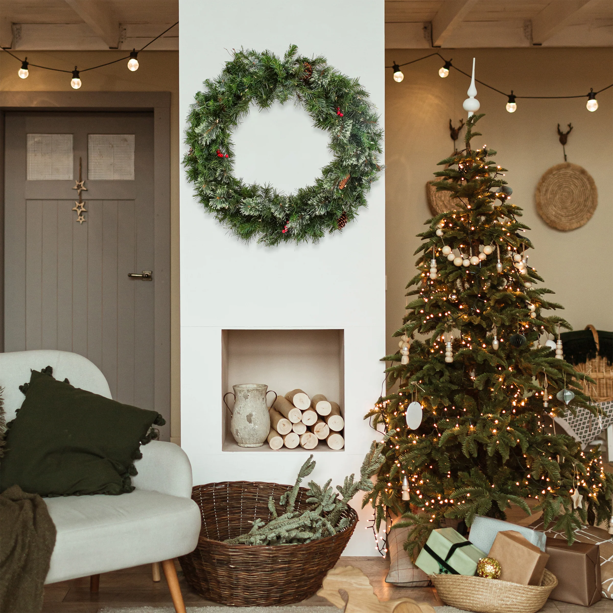 36 in. Pre-Lit Glistening Pine Wreath with LED Lights - Image 2