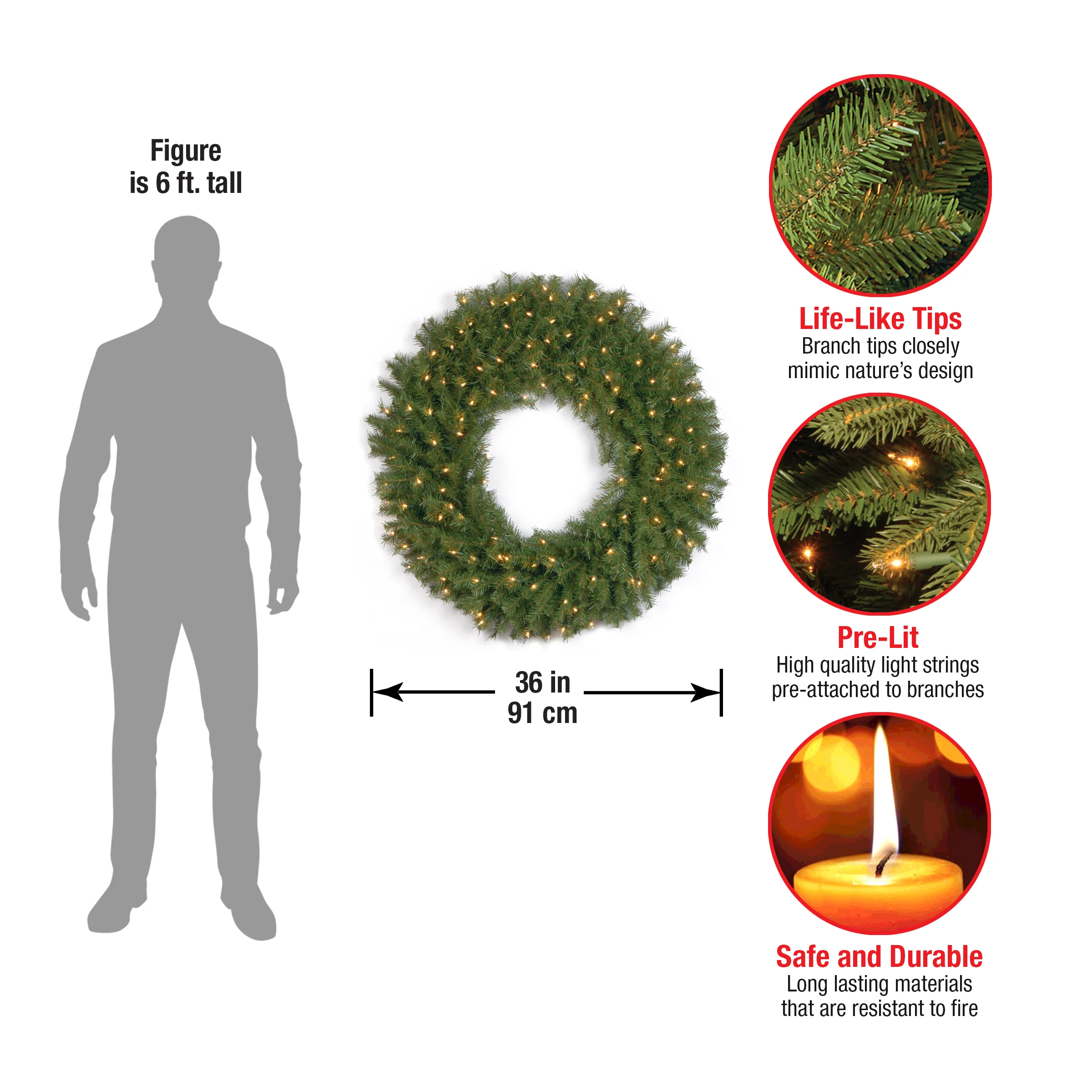 36 in. Pre-Lit Norwood Fir Wreath with Clear Lights, Plug-In - Image 4