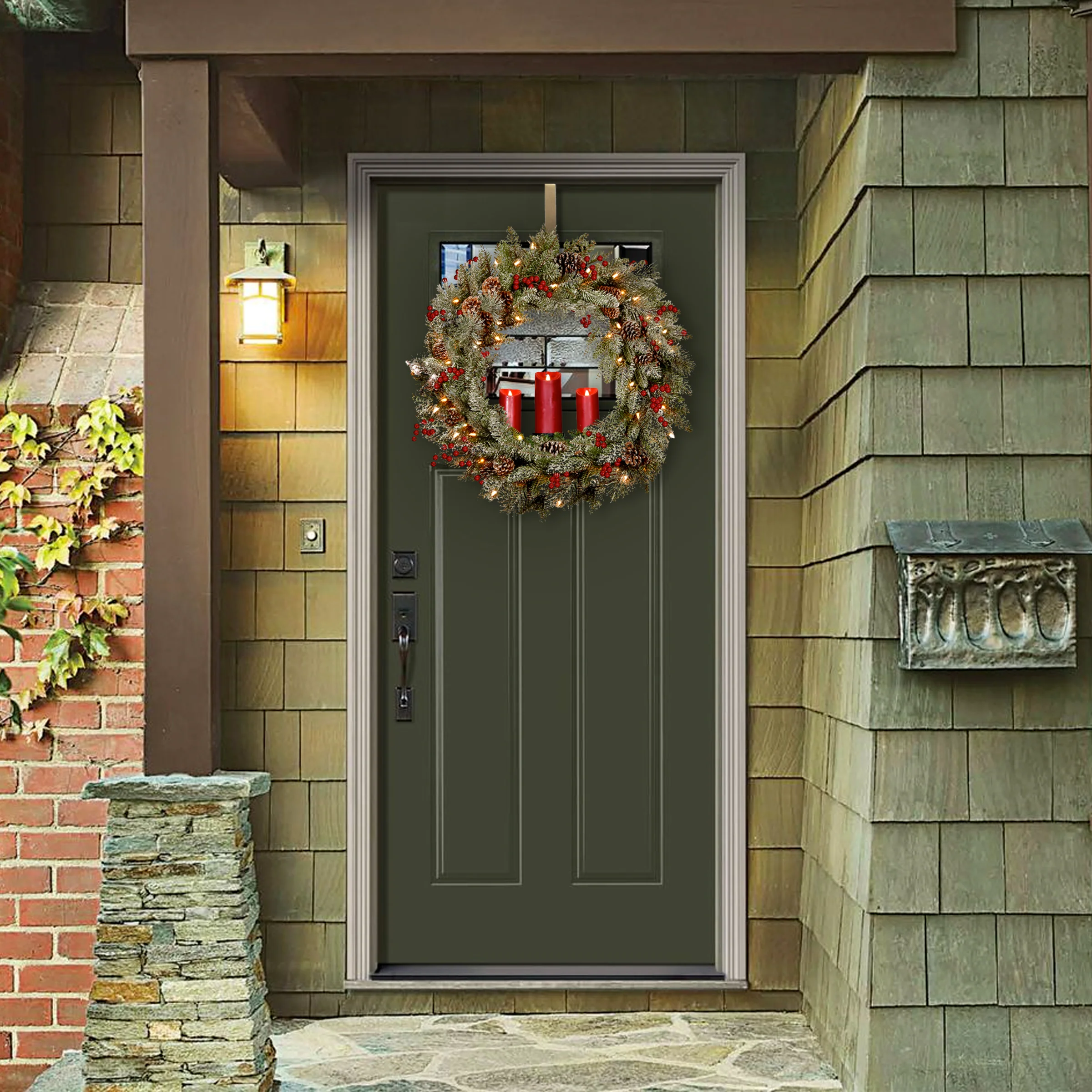 36 in. Pre-Lit Snowy Bristle Berry Wreath with Three Candle - Image 2