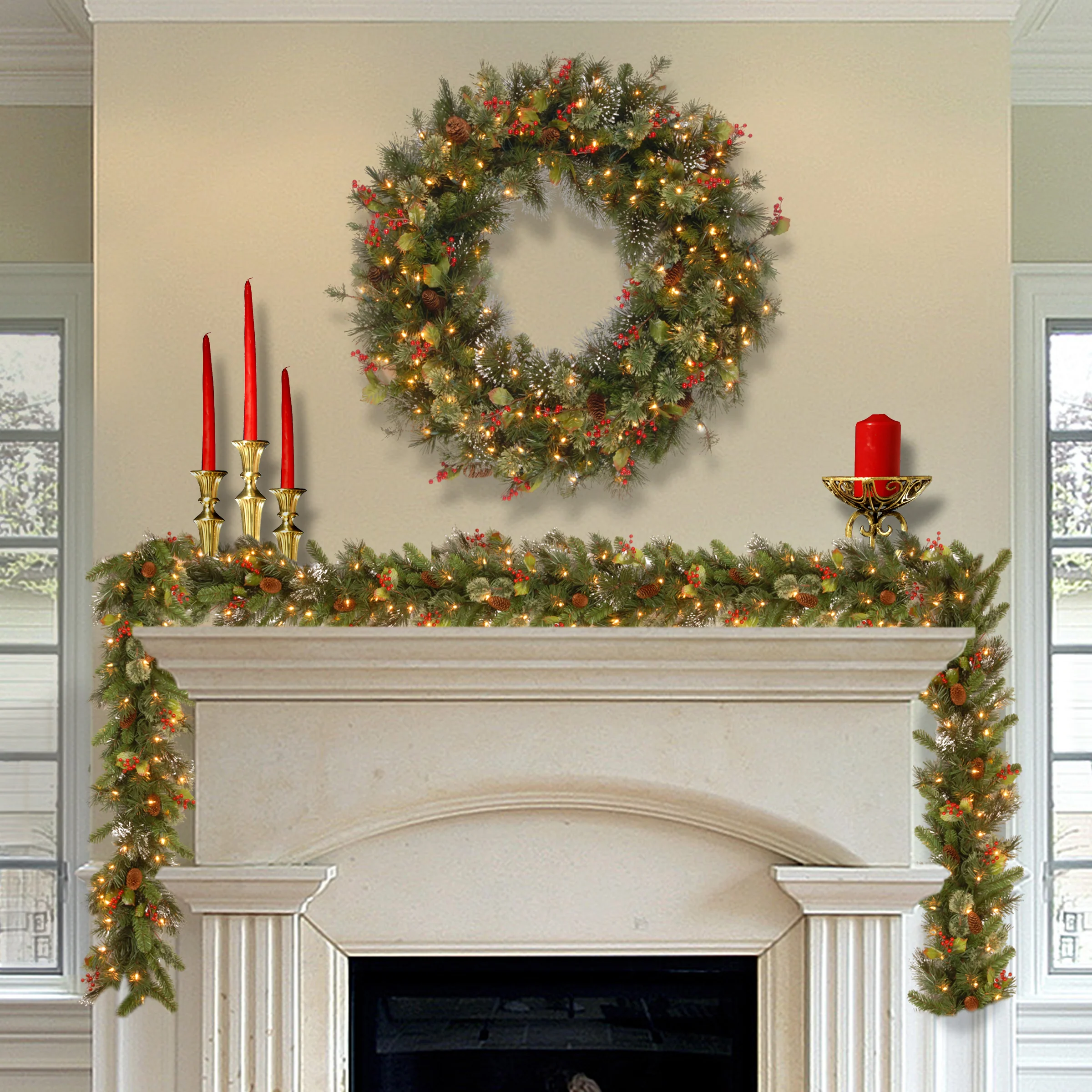 36 in. Pre-Lit Wintry Pine Wreath with Clear Lights - Image 2