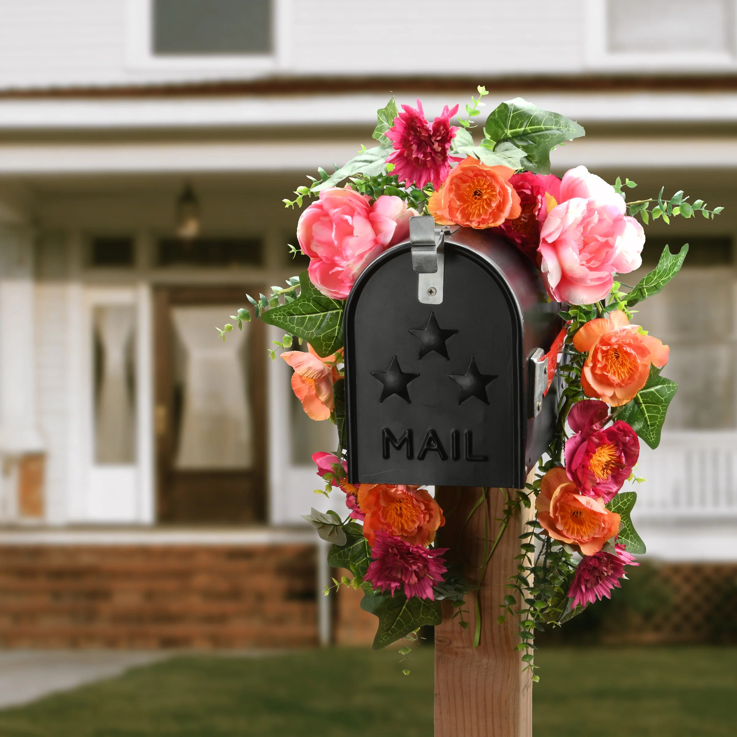 36 in. Spring Mailbox Decoration with Multicolor Peony Blooms, Ivy, Leaves - Image 2