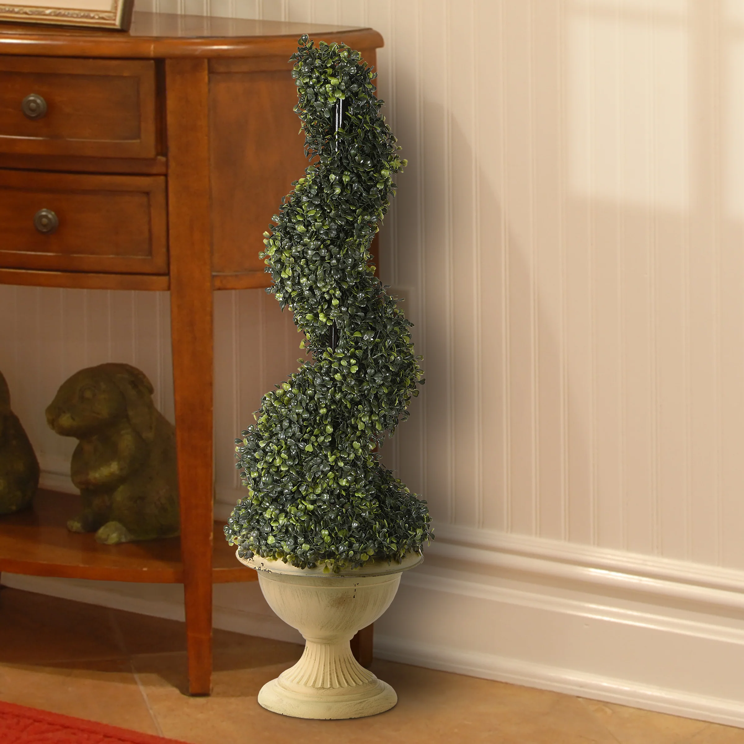 39 in. Spiral Boxwood Topiary in a Distressed Yellow Urn Base - Image 2
