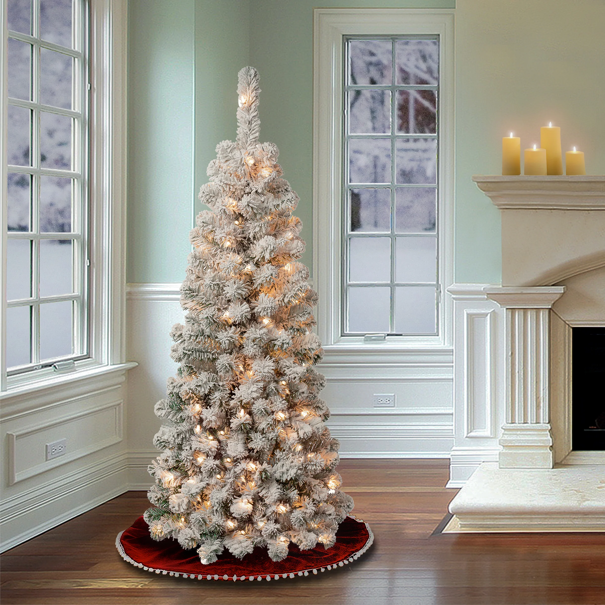 4.5 ft. Pre-Lit Acacia Pencil Slim Flocked Tree with Clear Lights, Plug-In - Image 7