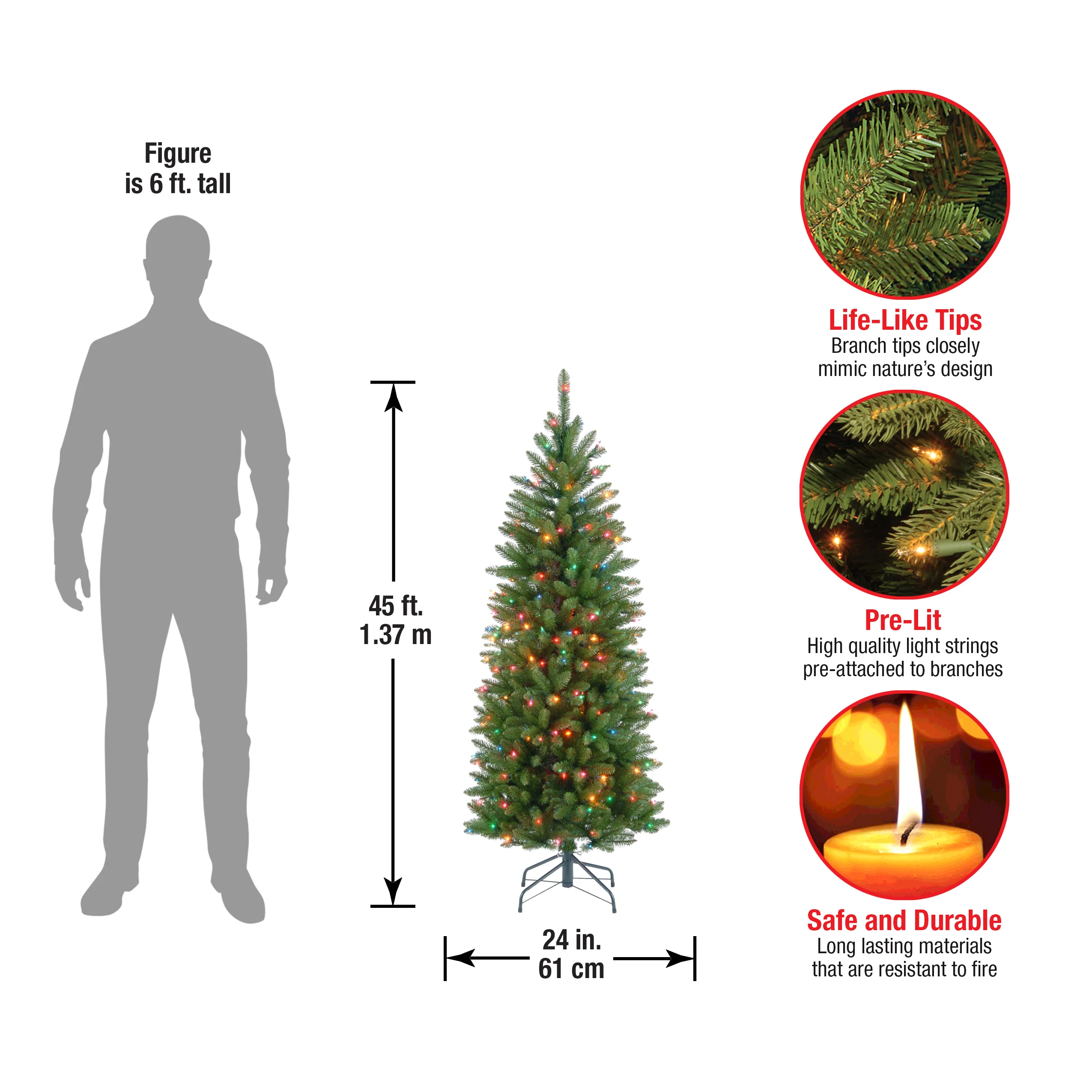 4.5 ft. Pre-Lit Kingswood Fir Pencil Tree with Multicolor Lights, Plug-In - Image 7