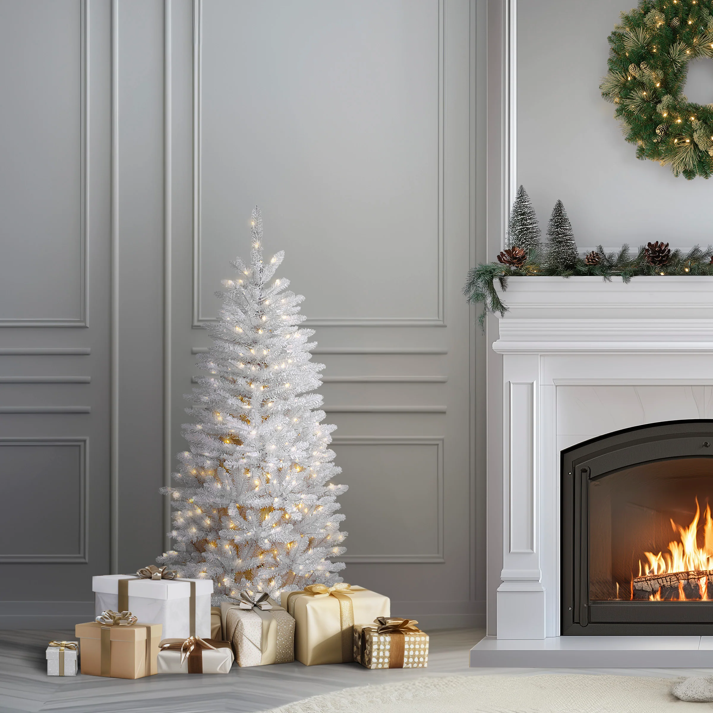 4.5 ft. Pre-Lit Kingswood Fir White Pencil Tree with Clear Lights, Plug-In - Image 2
