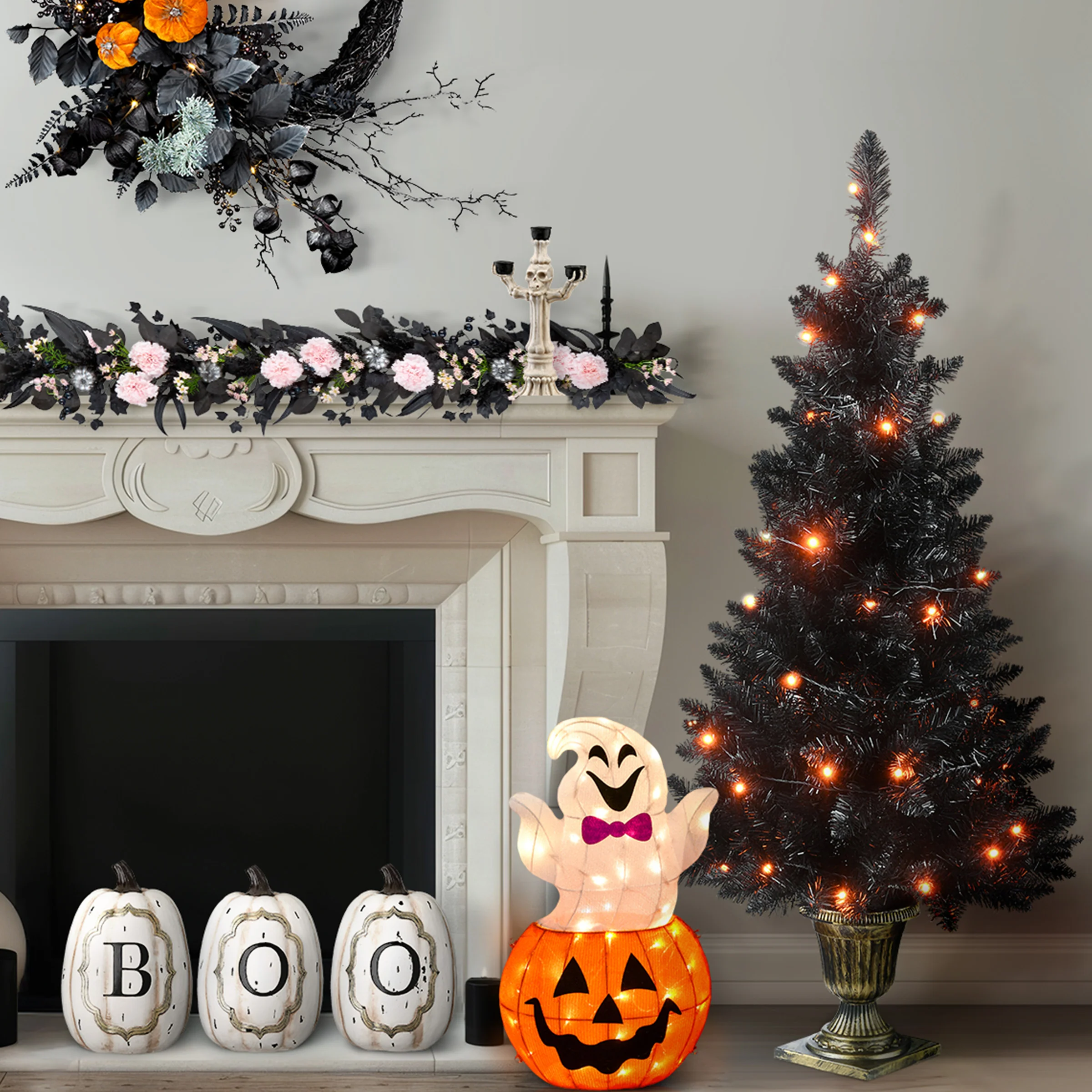 4 ft. Black Entrance Tree with String of Orange Lights, Plug-In - Image 3