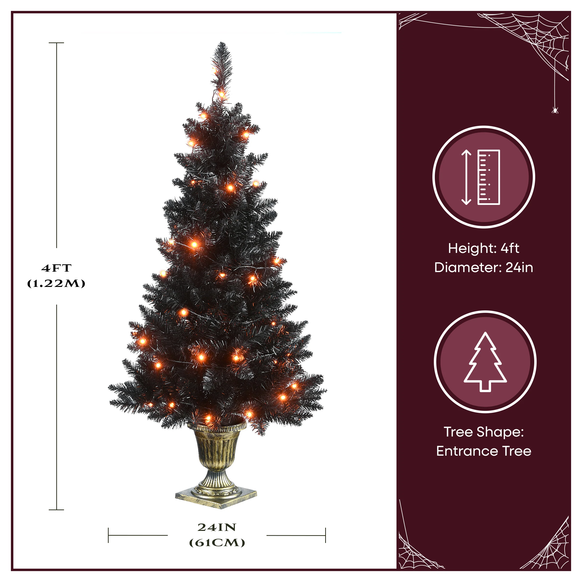 4 ft. Black Entrance Tree with String of Orange Lights, Plug-In - Image 4