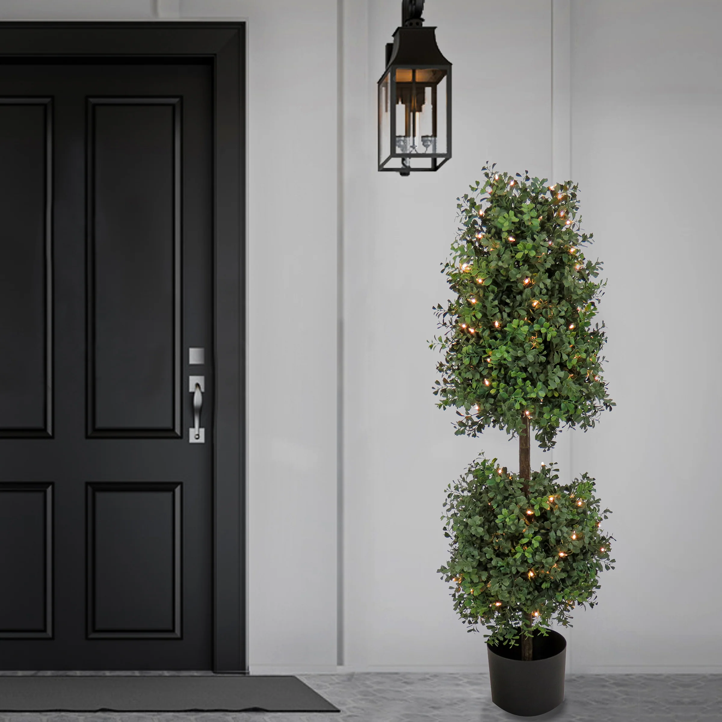 4 ft. Pre-Lit Boxwood Cone and Ball Topiary in Black Nursery Pot with Clear Lights - Image 2