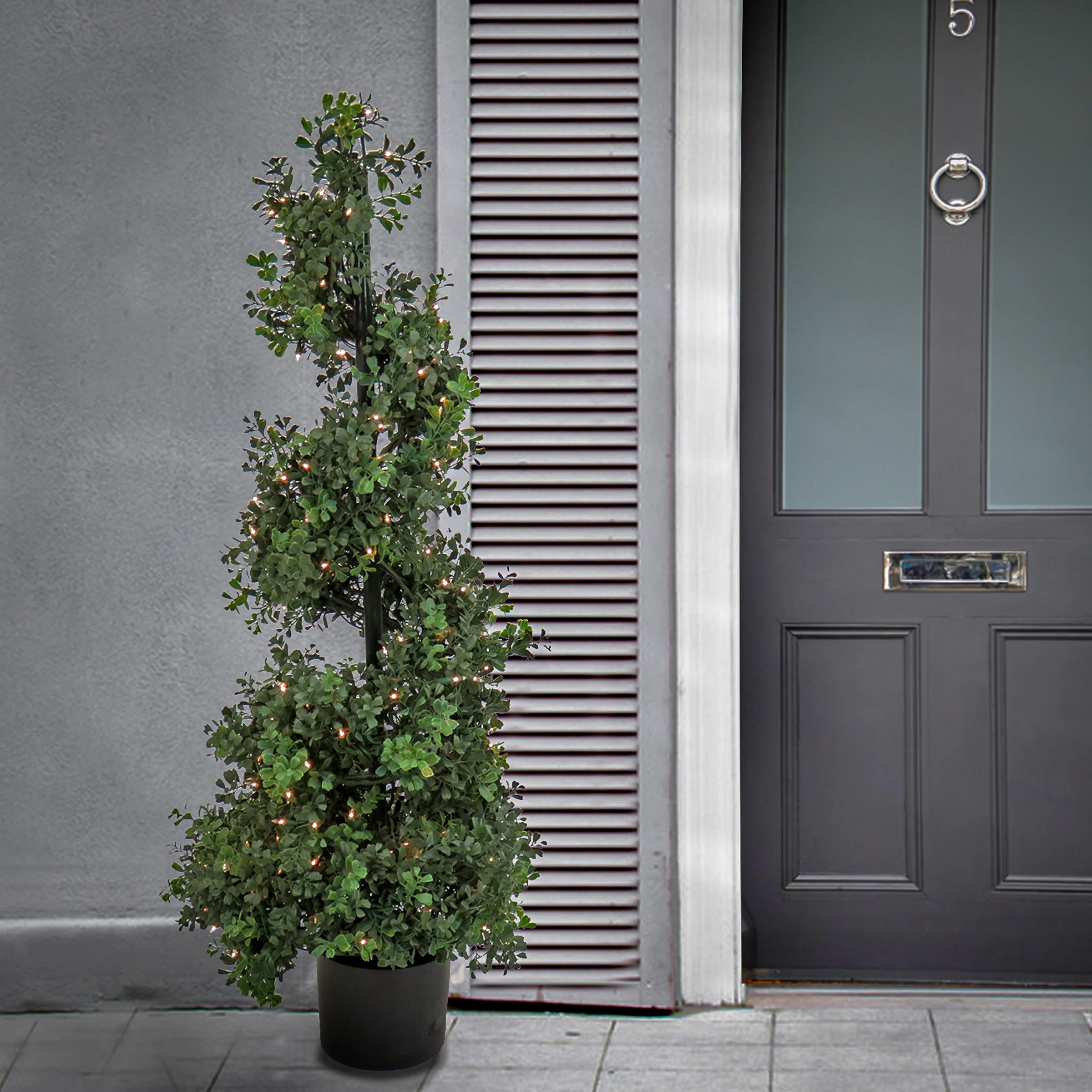4 ft. Pre-Lit Boxwood Spiral Topiary in Black Nursery Pot with Clear Lights - Image 2