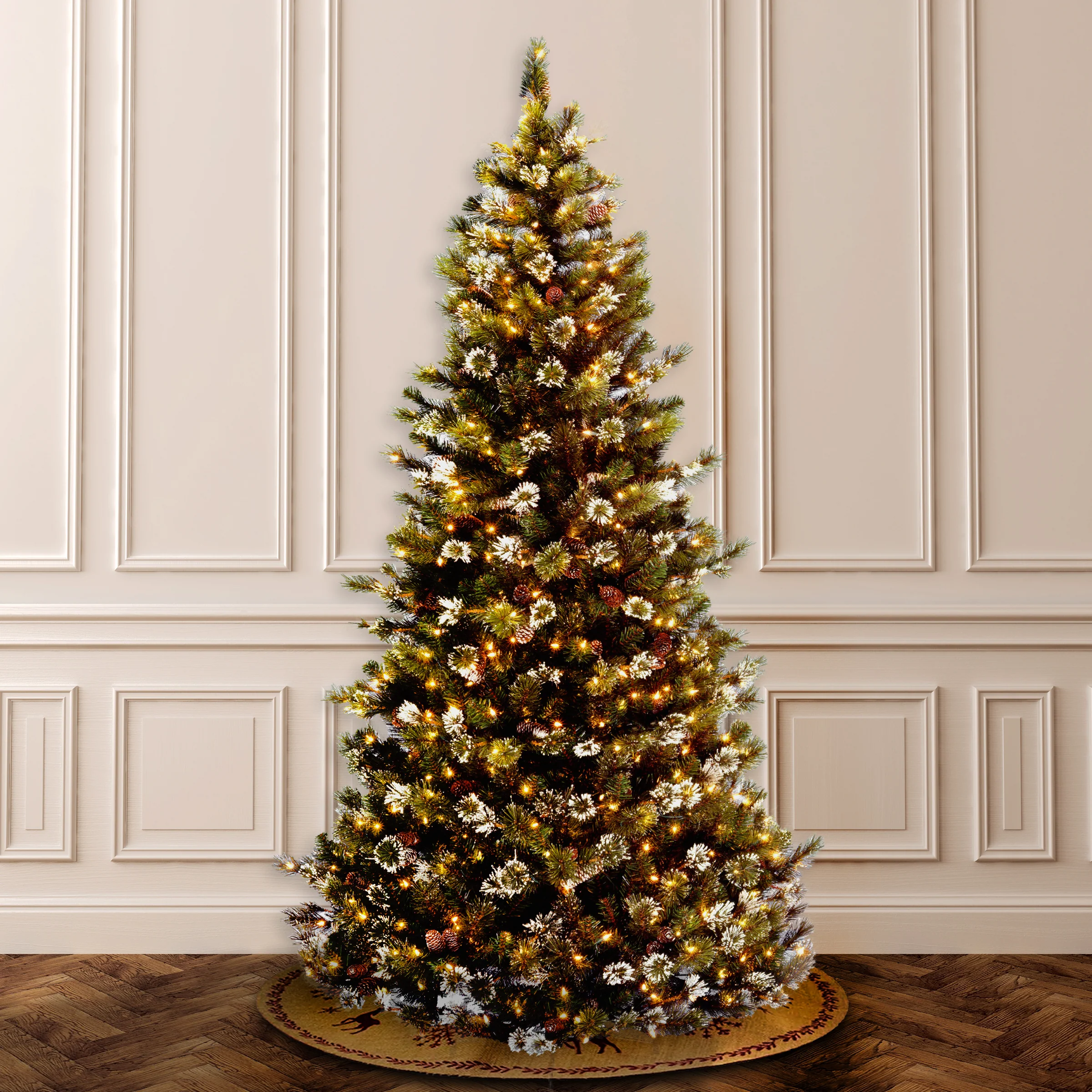 10 ft. Glittery Pine Slim Tree with 750 Clear Lights - Image 2
