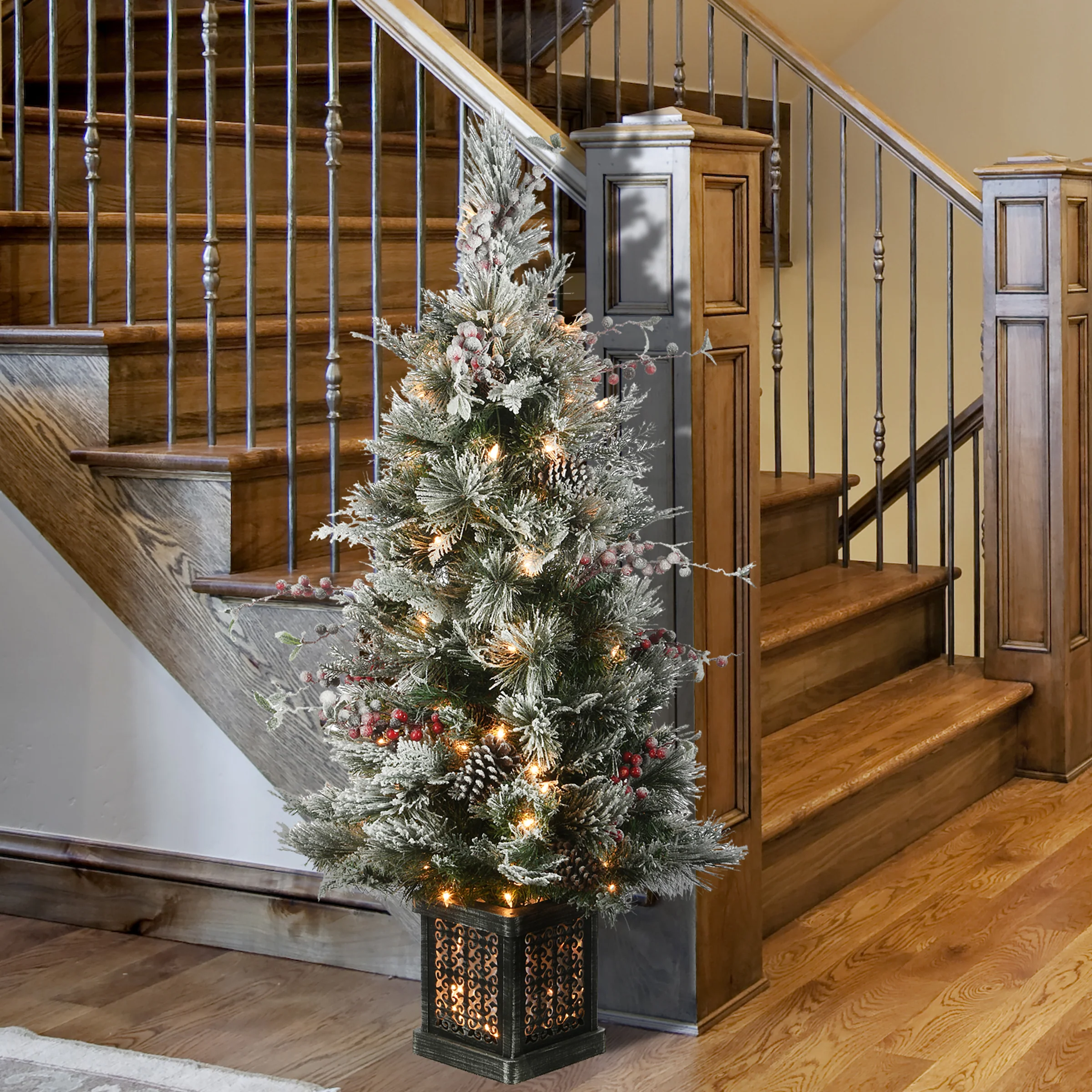 4 ft. Pre-Lit Snowy Bedford Pine Tree with Clear Lights, Plug-In - Image 3