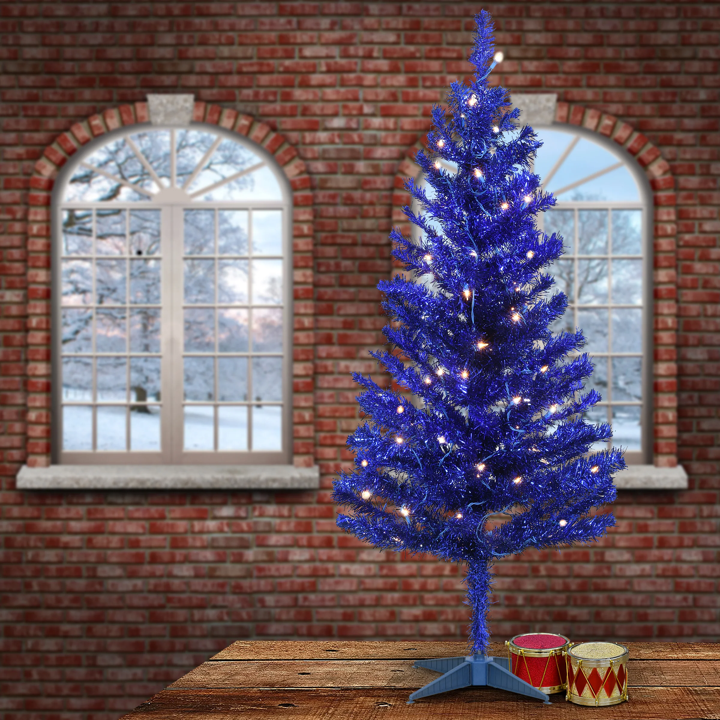 4 ft. Pre-Lit Tinsel Collection Blue Tree with Clear Lights - Image 2