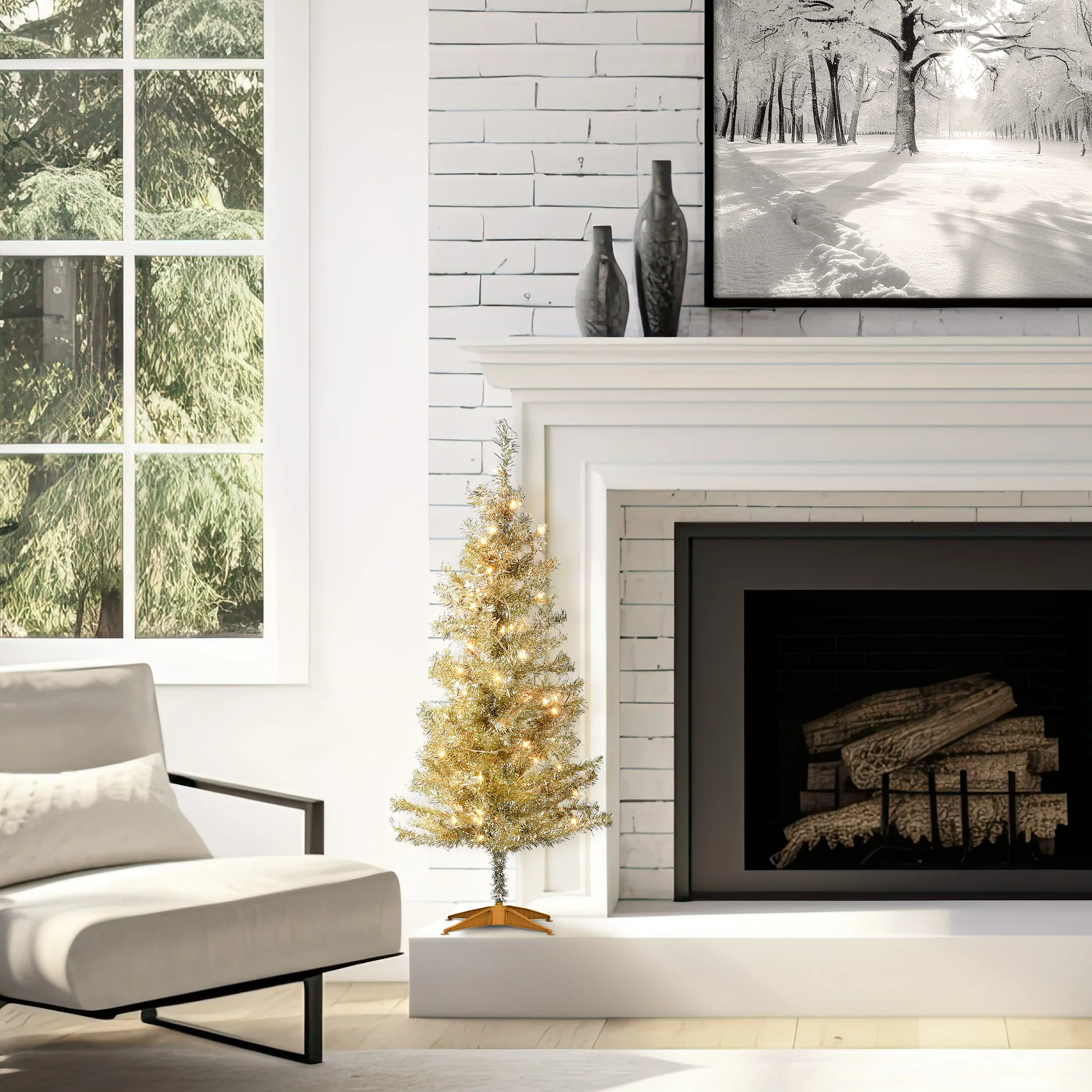 4 ft. Pre-Lit Tinsel Collection Champagne Tree with Clear Lights, Plug-In - Image 2