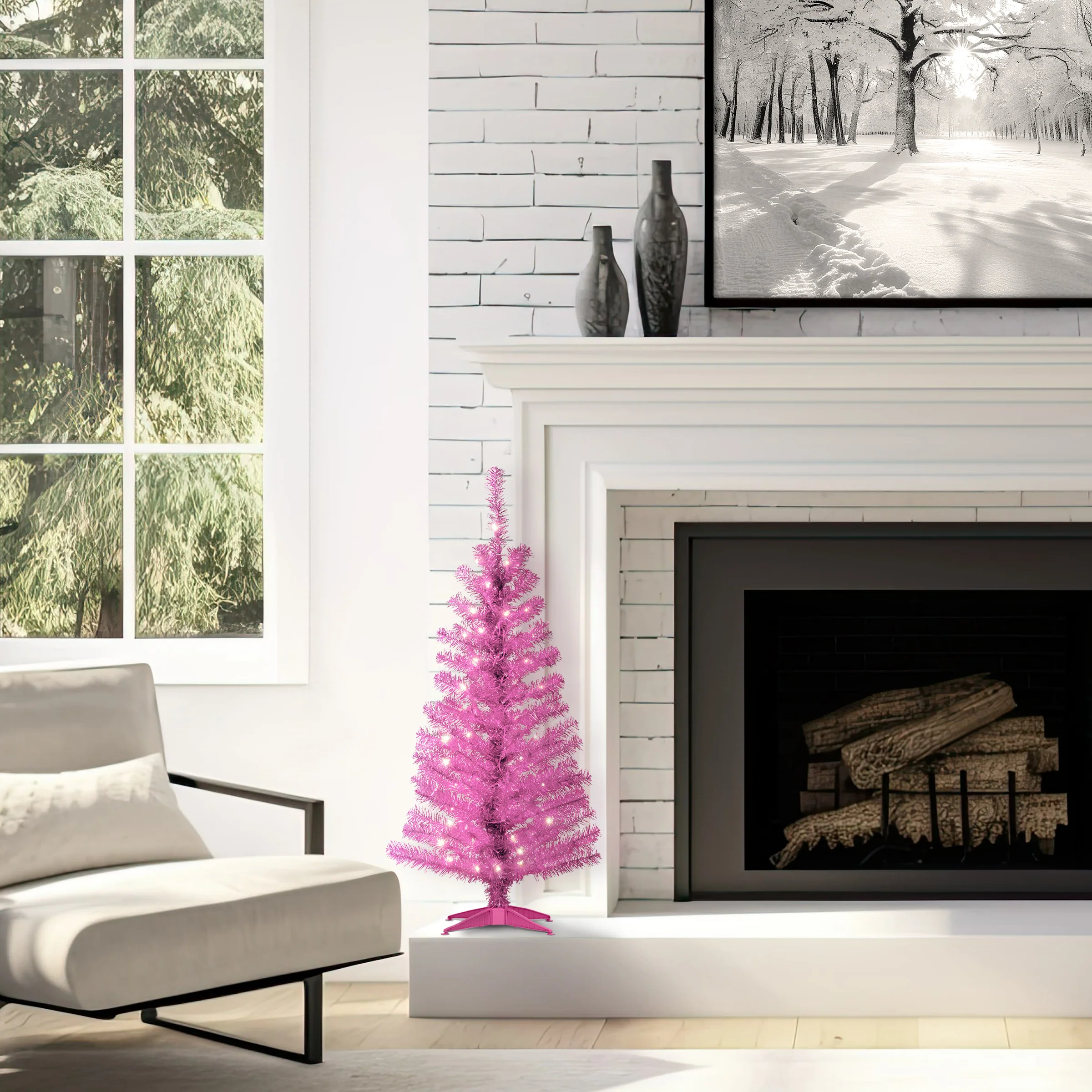 4 ft. Pre-Lit Tinsel Collection Pink Tree with Clear Lights, Plug-In - Image 2