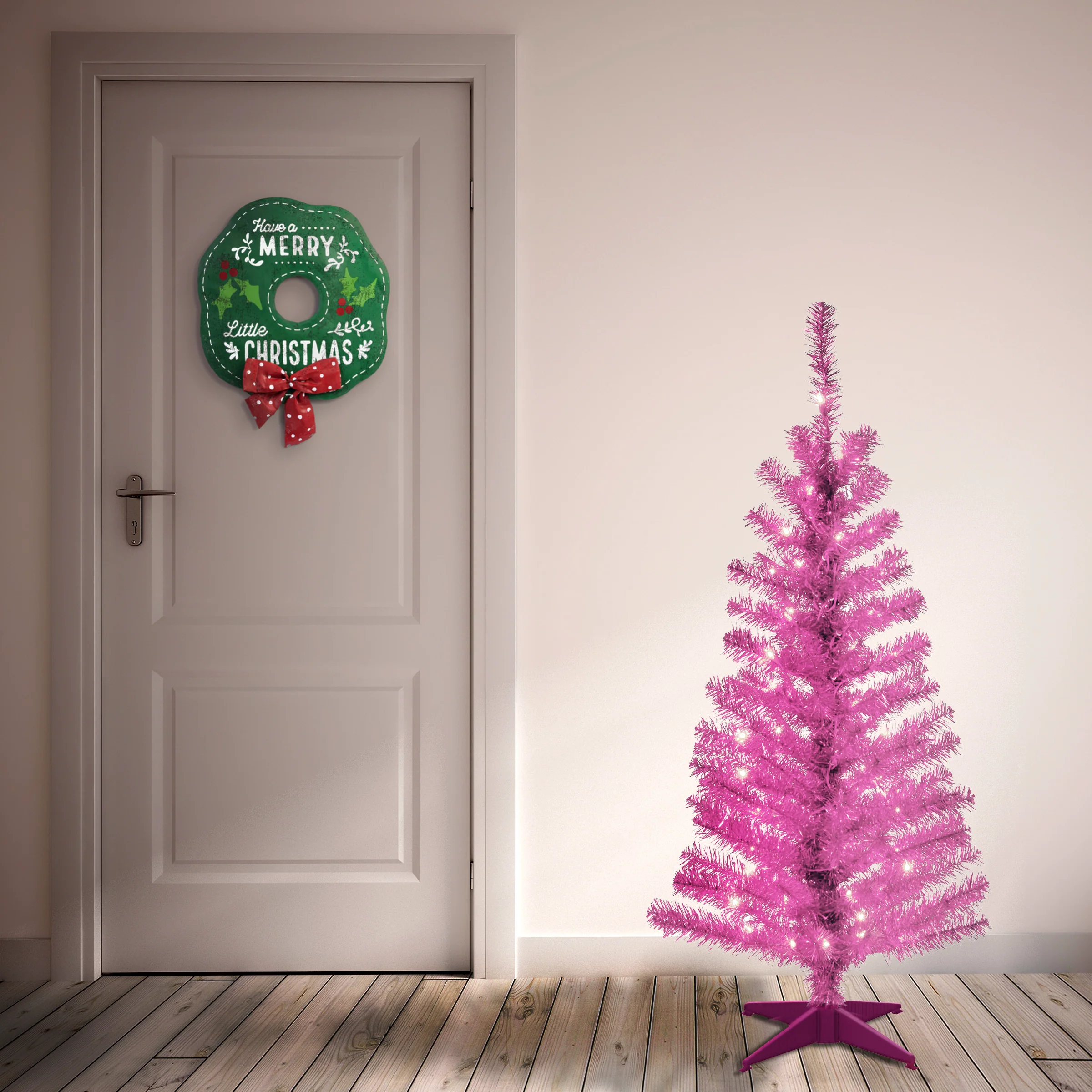 4 ft. Pre-Lit Tinsel Collection Pink Tree with Clear Lights, Plug-In - Image 3