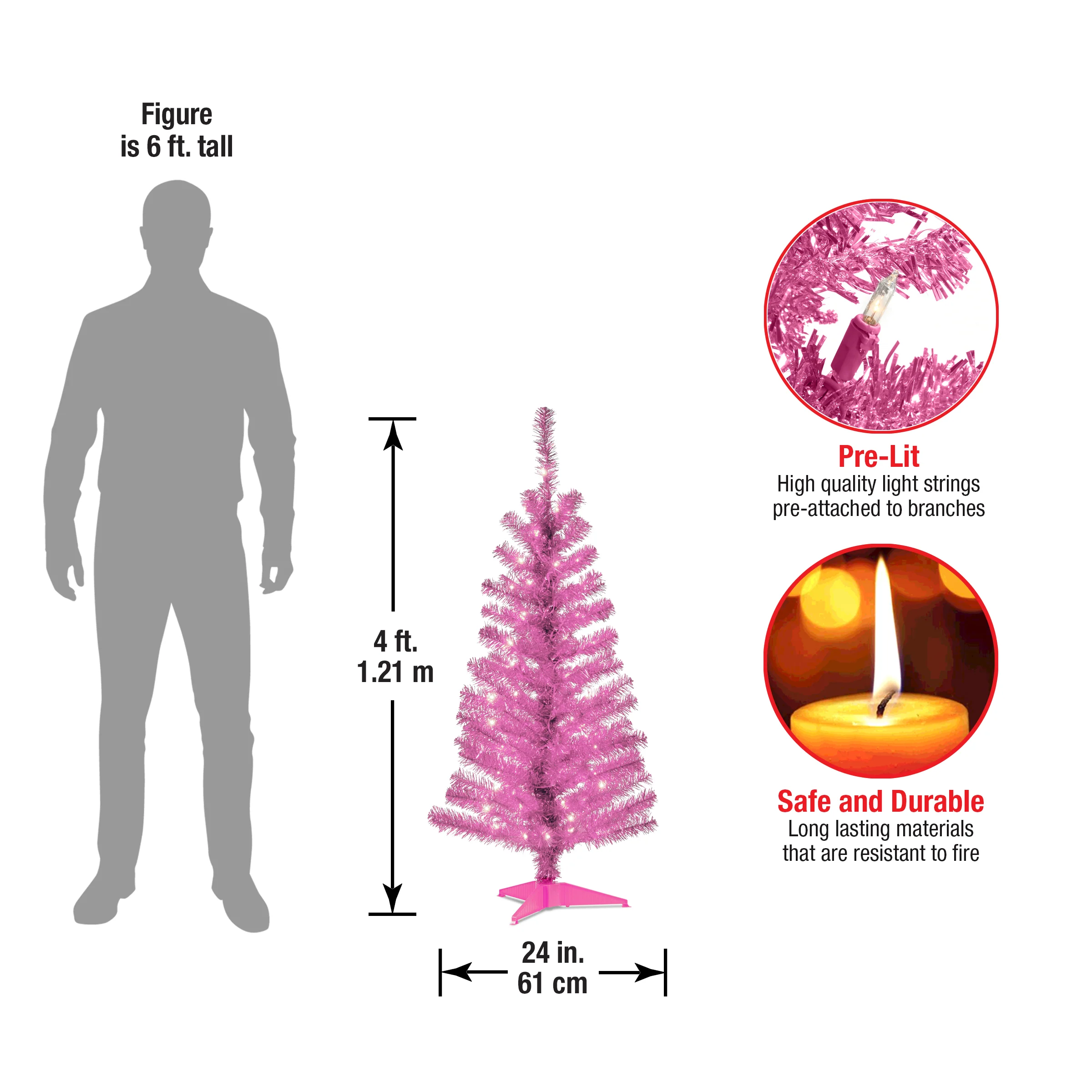 4 ft. Pre-Lit Tinsel Collection Pink Tree with Clear Lights, Plug-In - Image 5