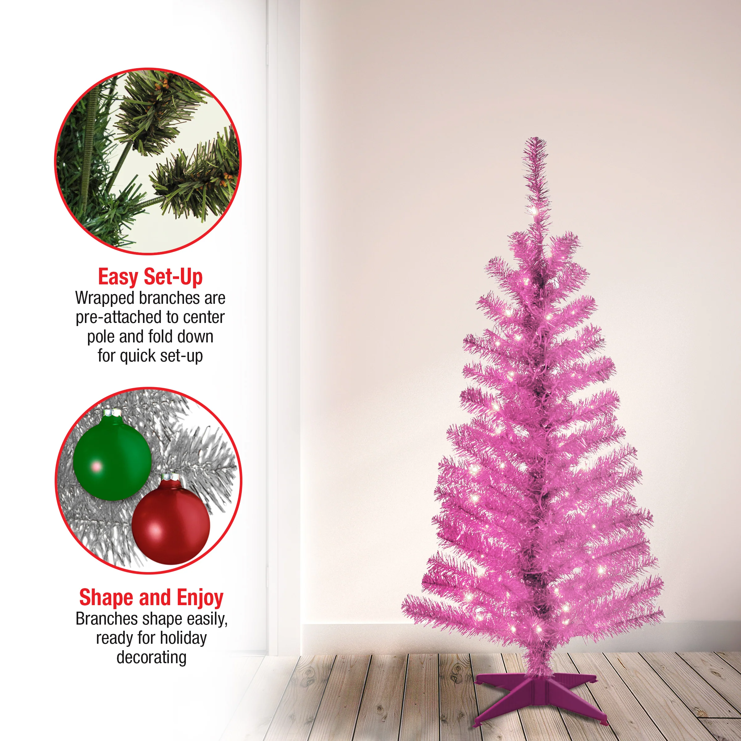 4 ft. Pre-Lit Tinsel Collection Pink Tree with Clear Lights, Plug-In - Image 6