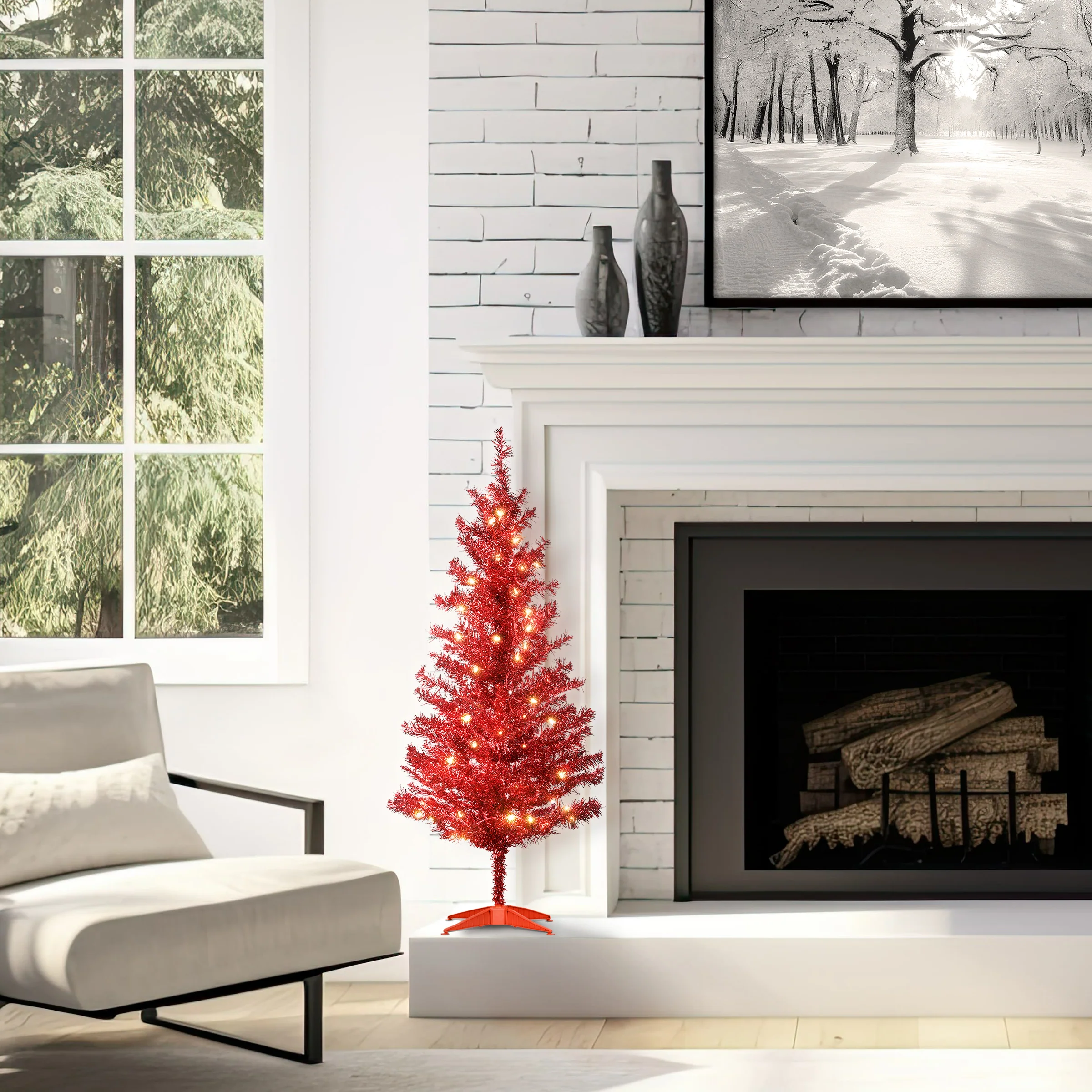 4 ft. Pre-Lit Tinsel Collection Red Tree with Clear Lights, Plug-In - Image 2
