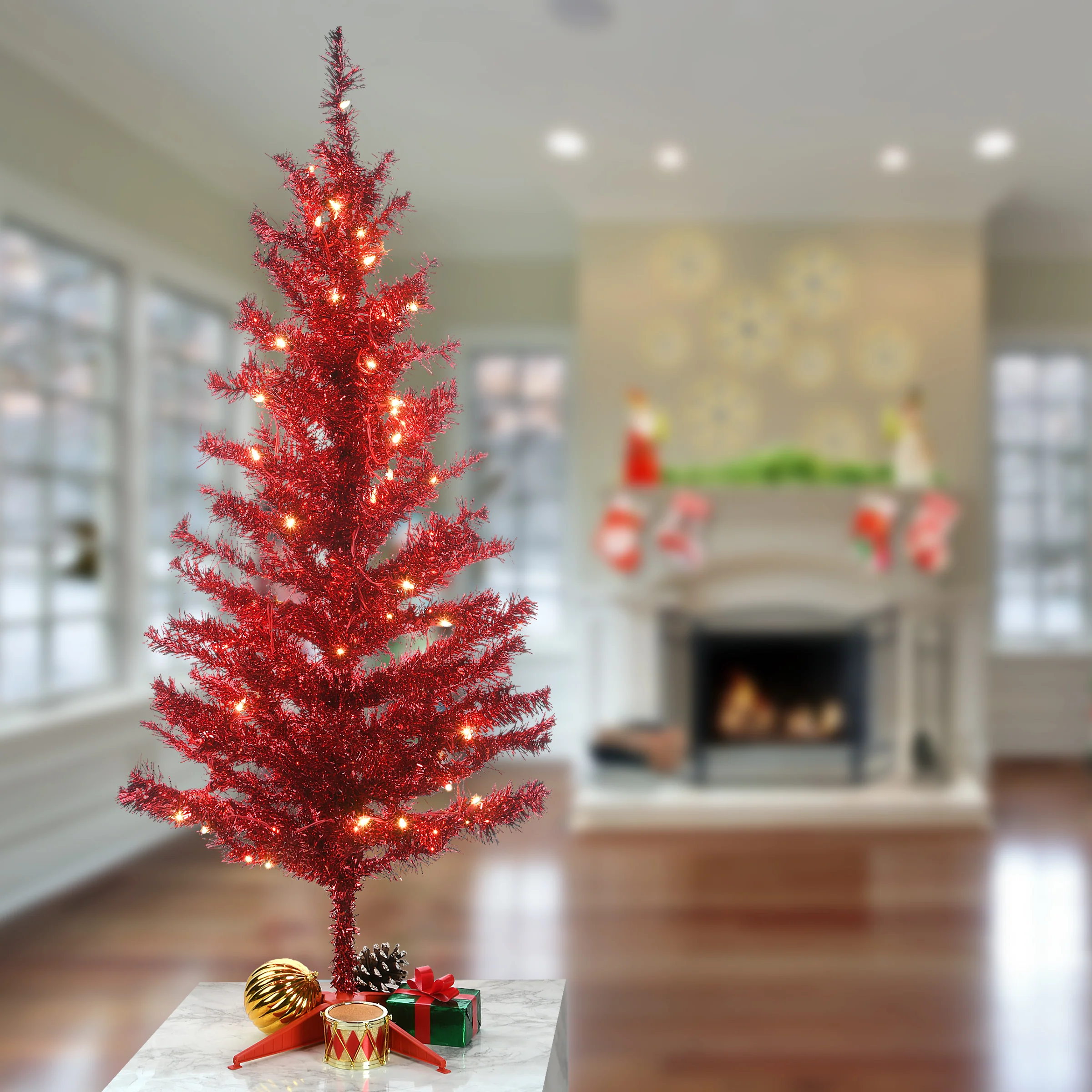 4 ft. Pre-Lit Tinsel Collection Red Tree with Clear Lights, Plug-In - Image 3