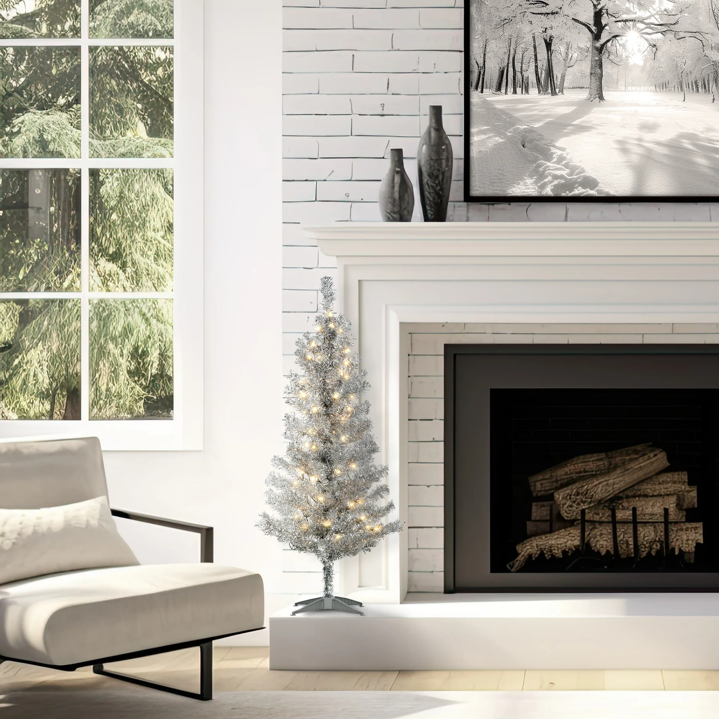 4 ft. Pre-Lit Tinsel Collection Silver Tree with Clear Lights, Plug-In - Image 2