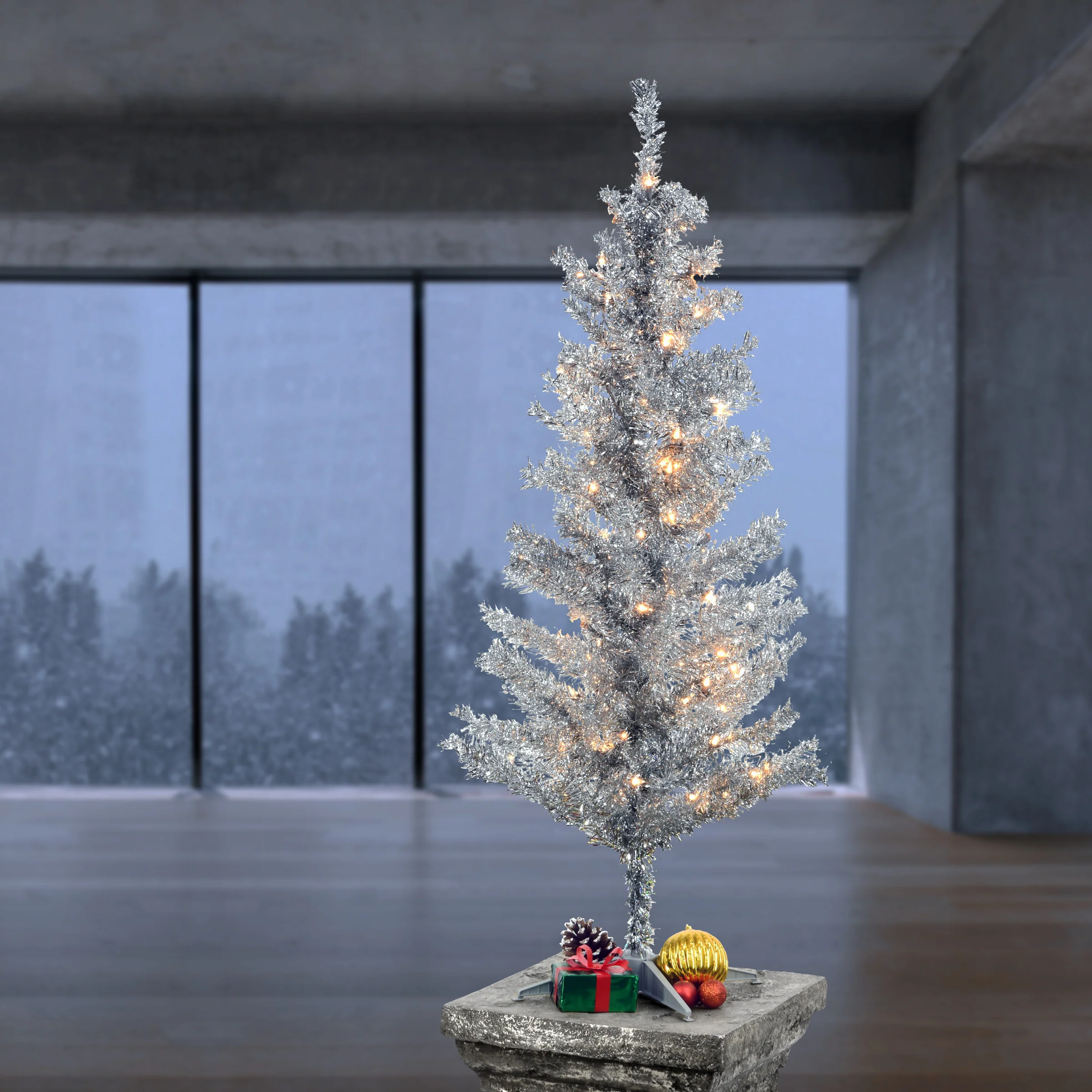 4 ft. Pre-Lit Tinsel Collection Silver Tree with Clear Lights, Plug-In - Image 3