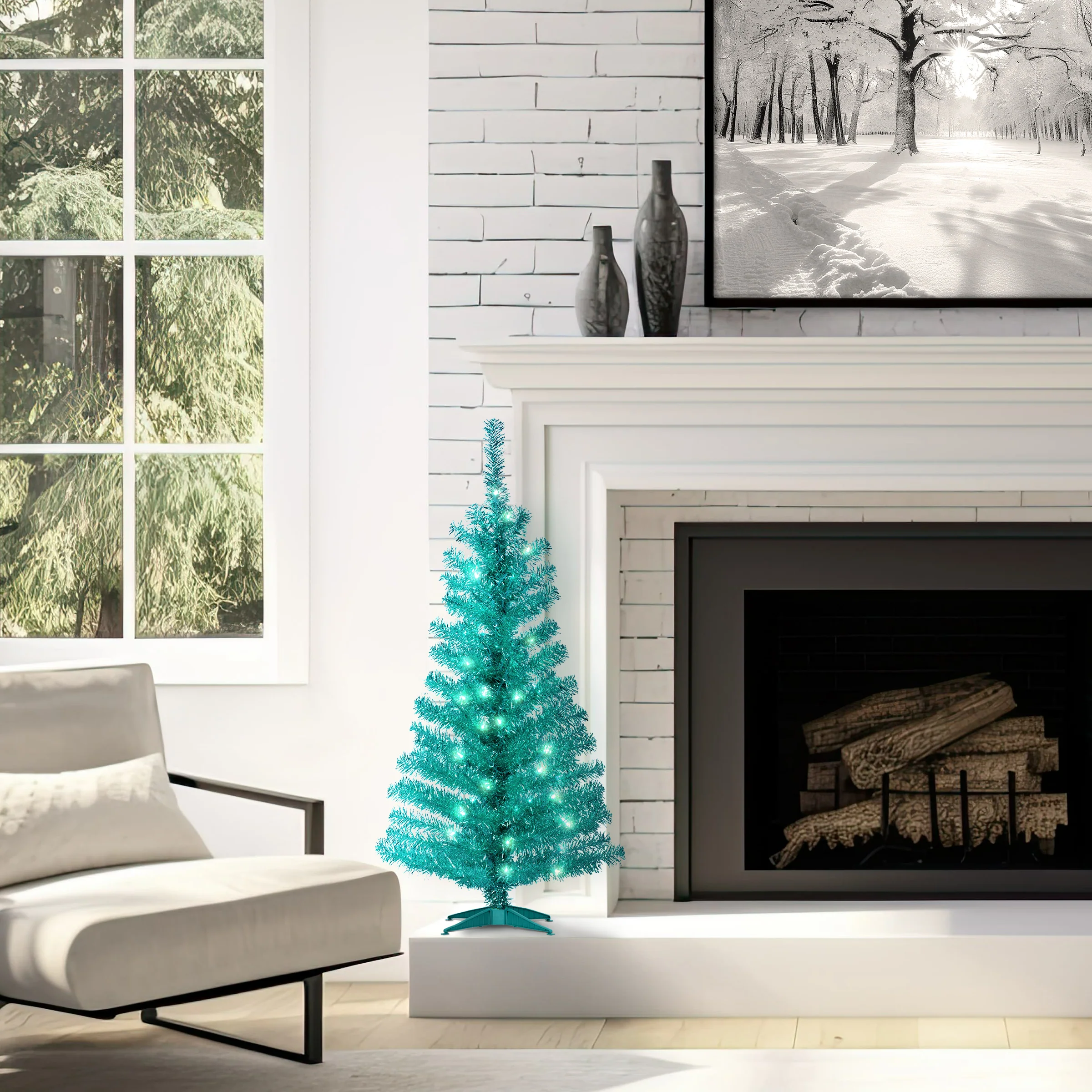 4 ft. Pre-Lit Tinsel Collection Turquoise Tree with Clear Lights, Plug-In - Image 2