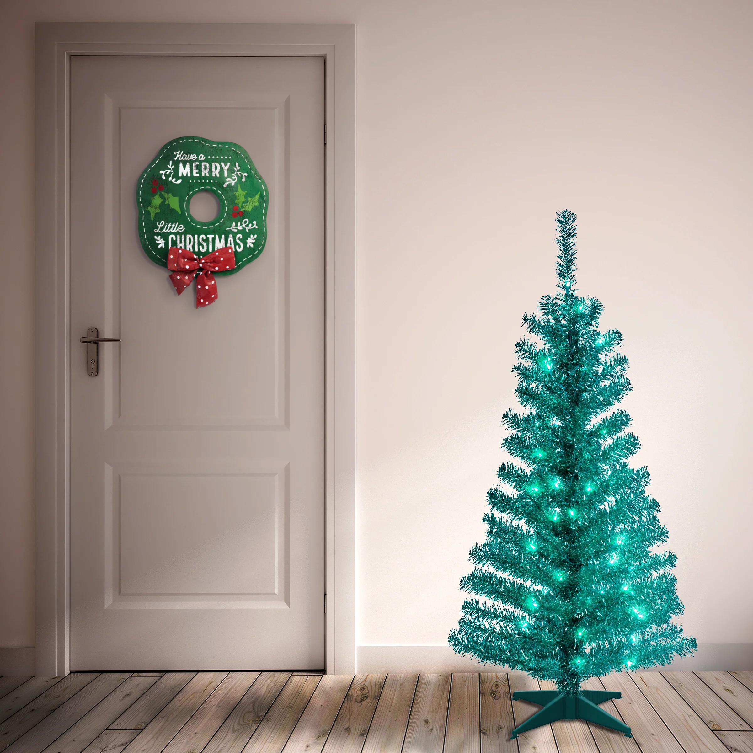 4 ft. Pre-Lit Tinsel Collection Turquoise Tree with Clear Lights, Plug-In - Image 3