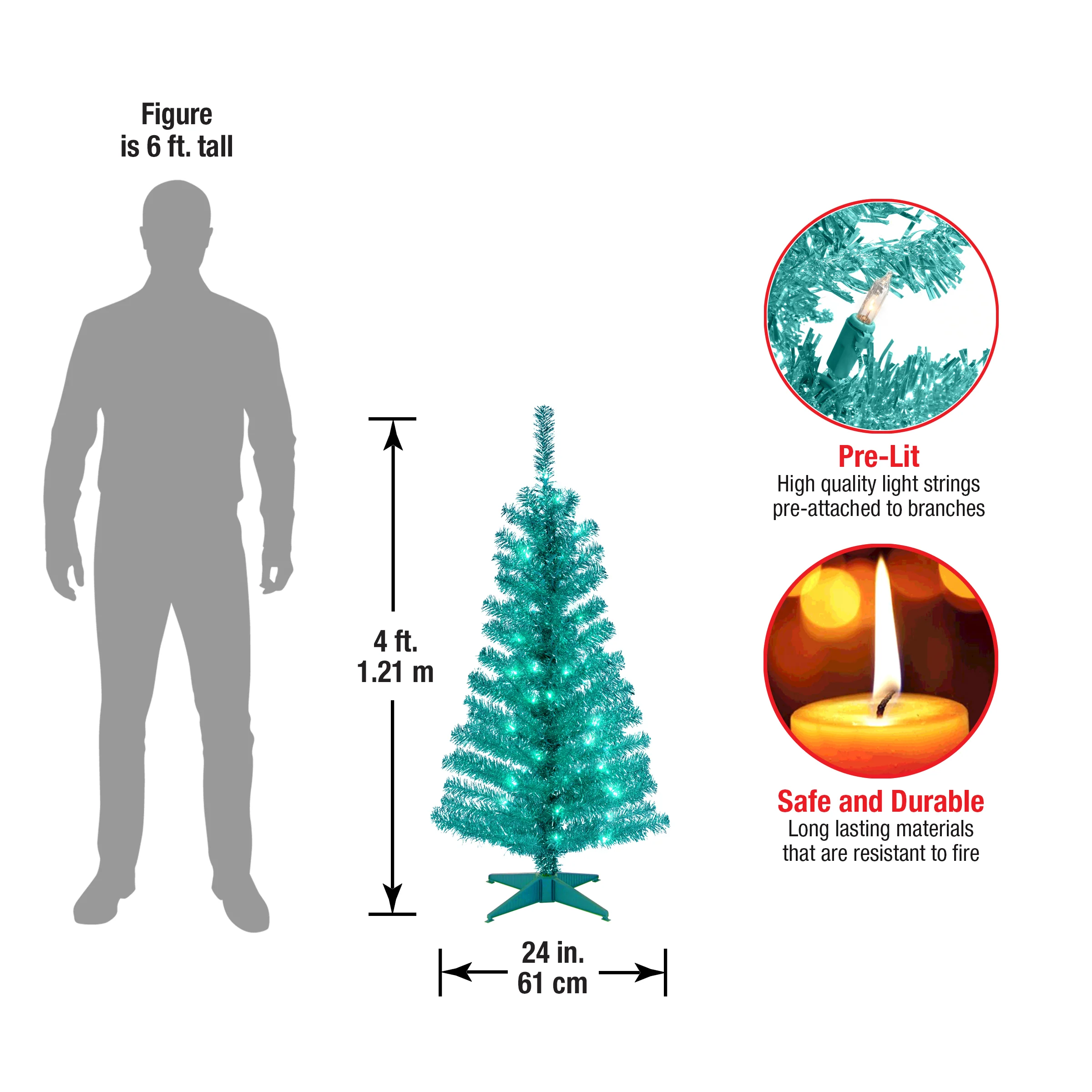 4 ft. Pre-Lit Tinsel Collection Turquoise Tree with Clear Lights, Plug-In - Image 5