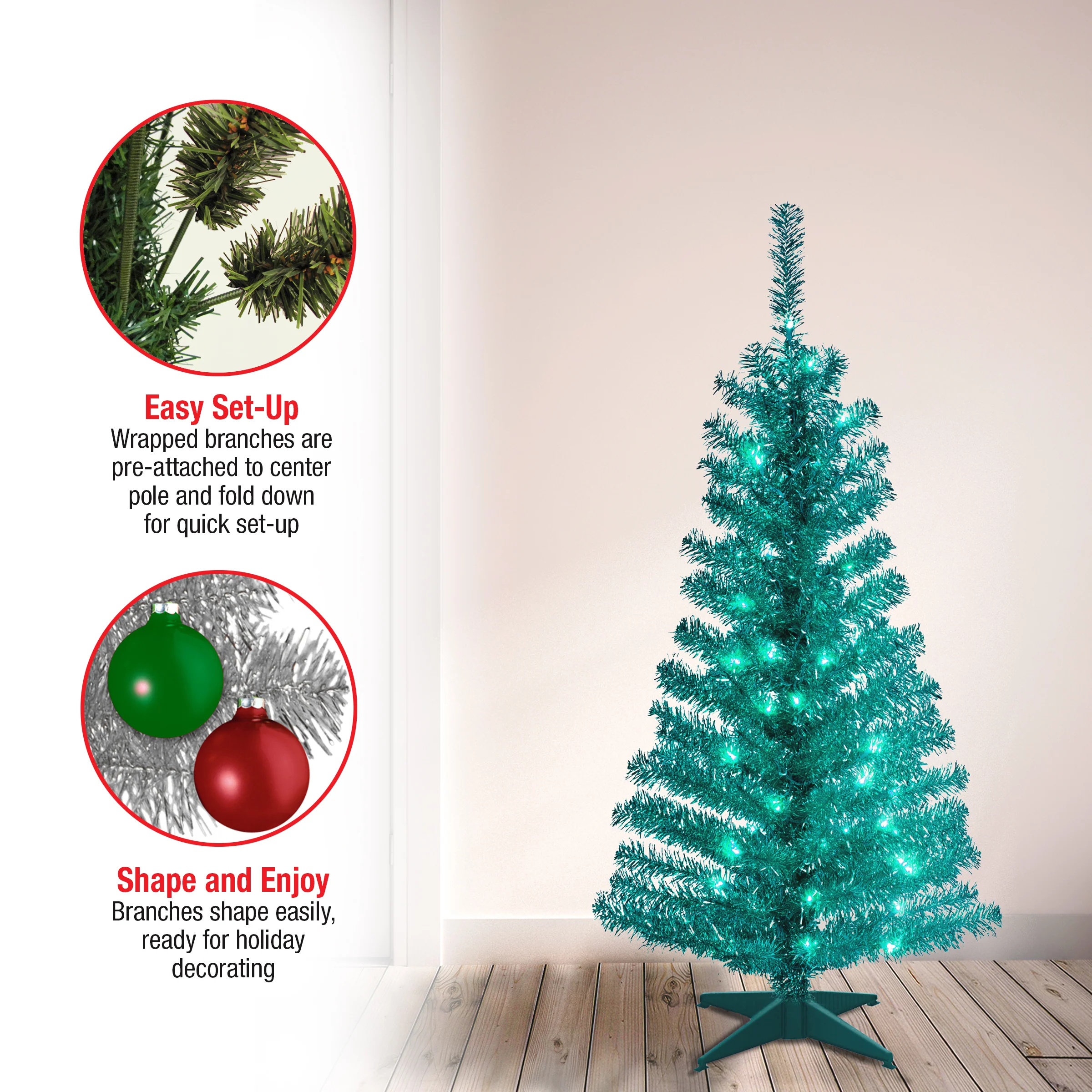 4 ft. Pre-Lit Tinsel Collection Turquoise Tree with Clear Lights, Plug-In - Image 6