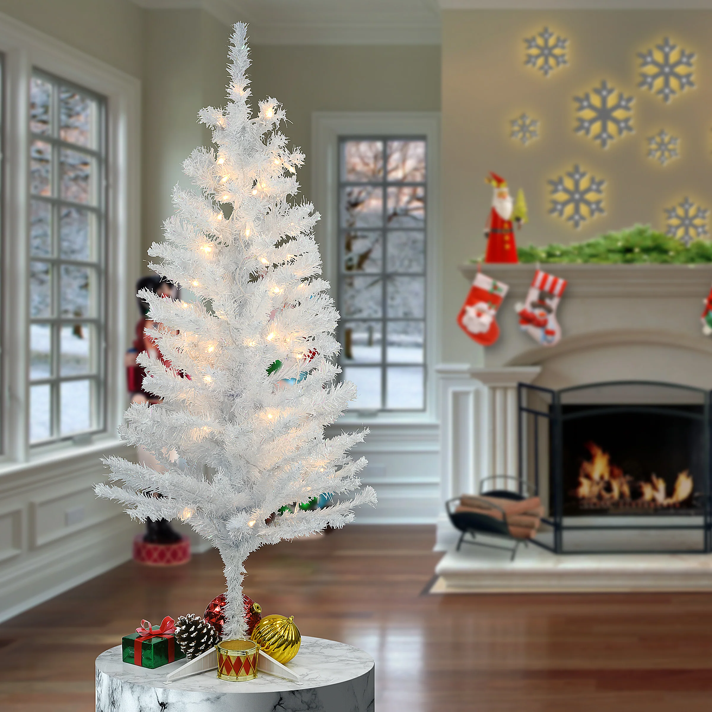 4 ft. Pre-Lit Tinsel Collection White Iridescent Tree with Clear Lights, Plug-In - Image 4