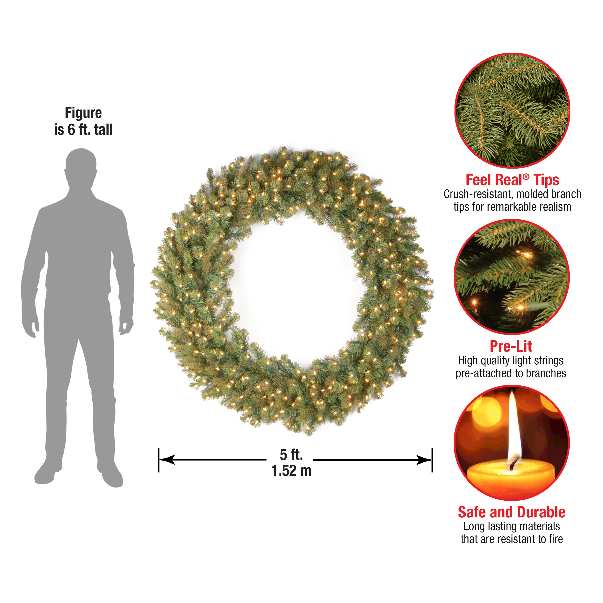 42 in.Pre-Lit Downswept Douglas Wreath with Warm White LED Lights - Image 4