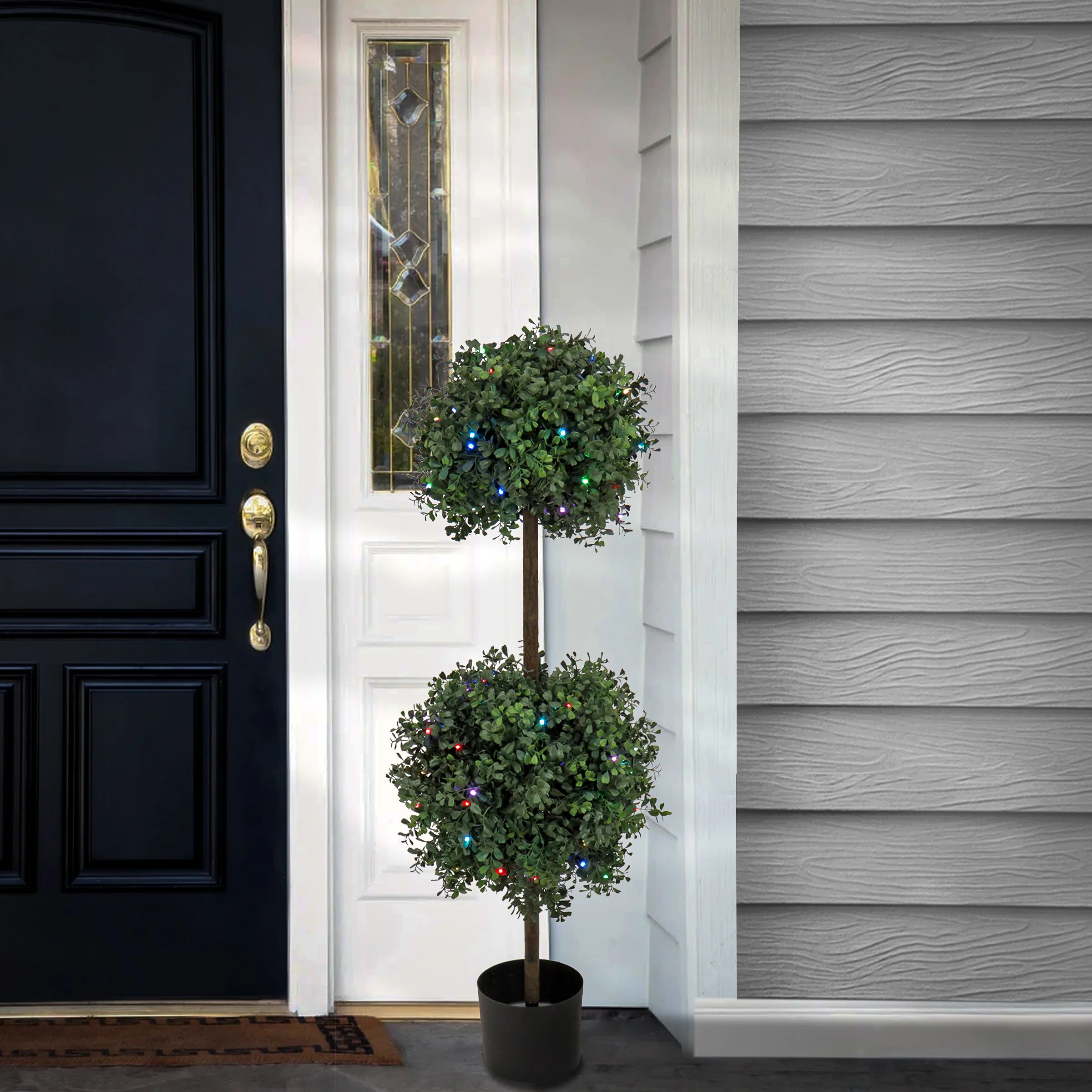 46 in. Pre-Lit Boxwood Double Ball Topiary with Multi-Function LED Lights - Image 2