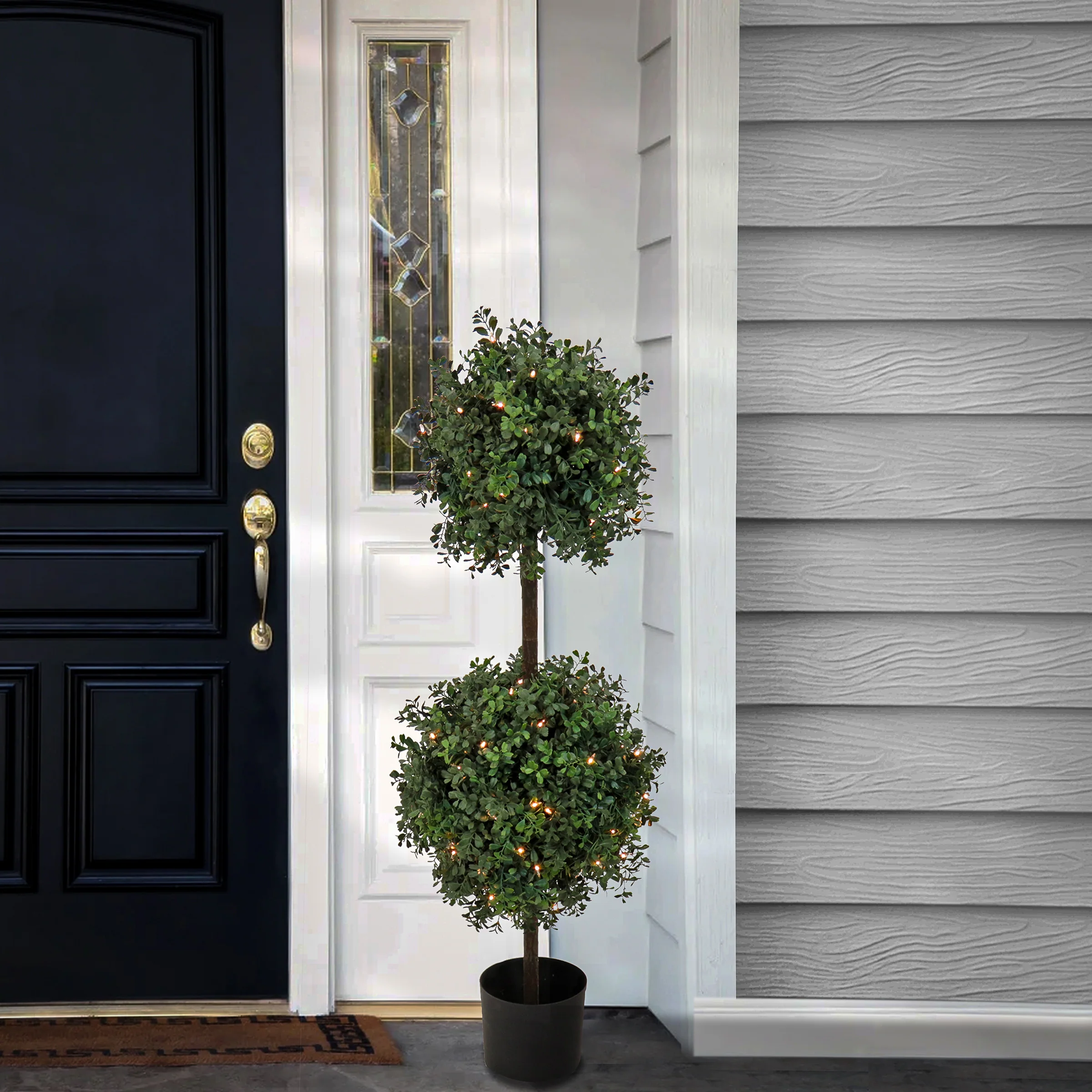 46 in. Pre-Lit Boxwood Double Ball Topiary in Black Nursery Pot with Clear Lights - Image 2