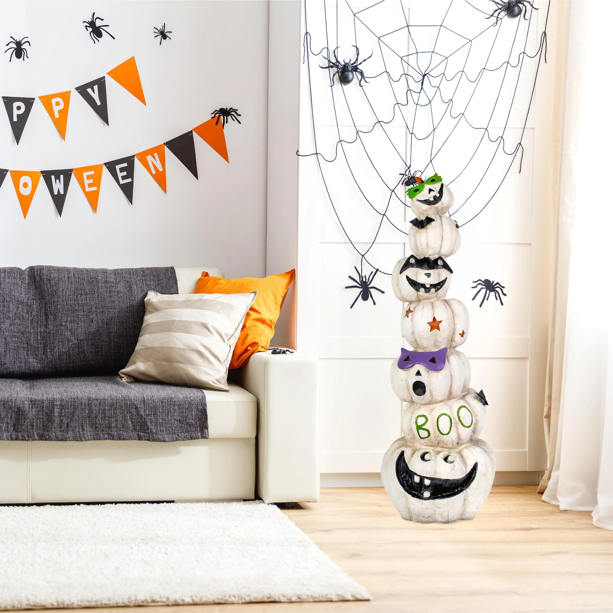 47 in. Halloween Stacked White Jack-O-Lanterns Decoration - Image 2