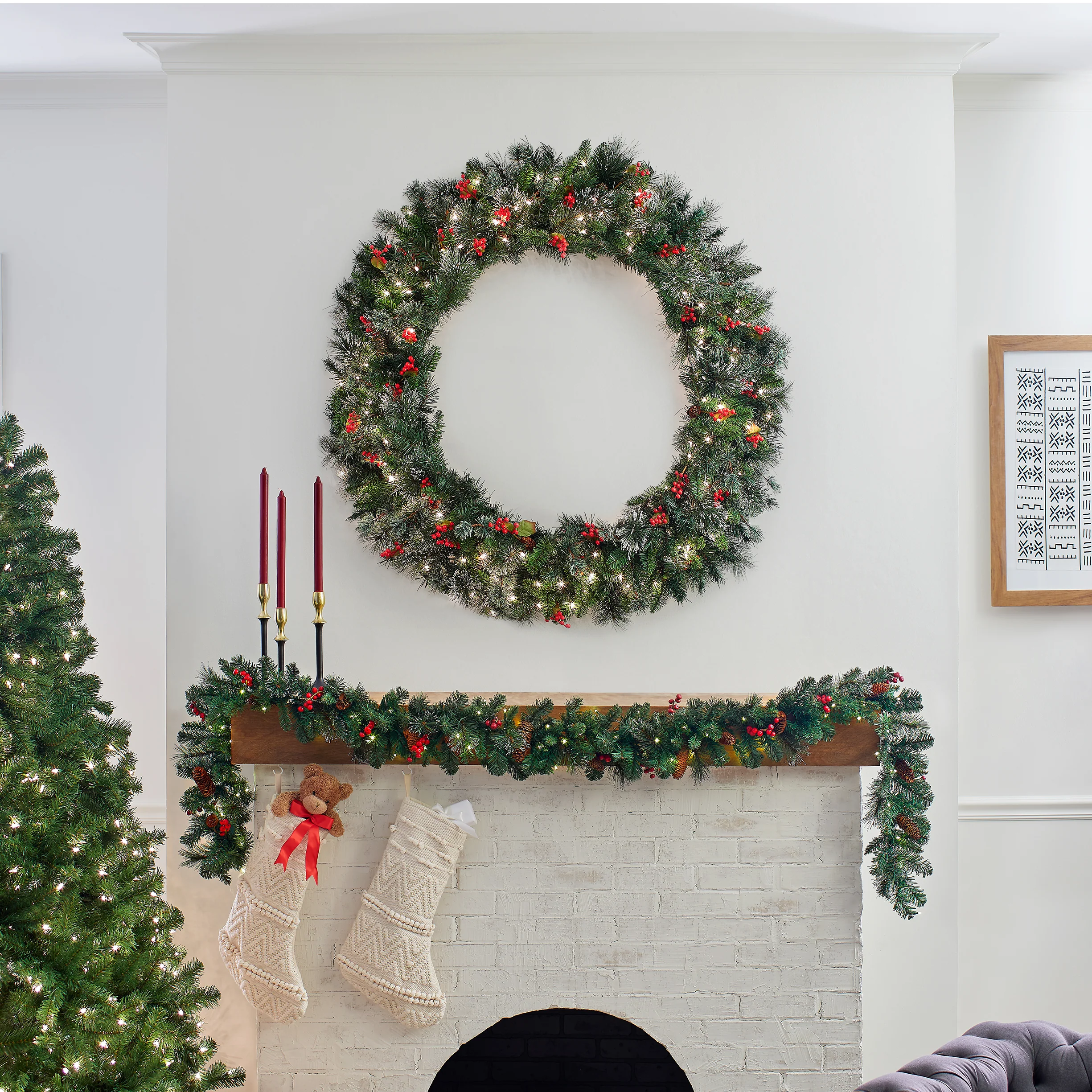 48 in. Pre-Lit Wintry Pine Wreath with Clear Lights, Plug-In - Image 2