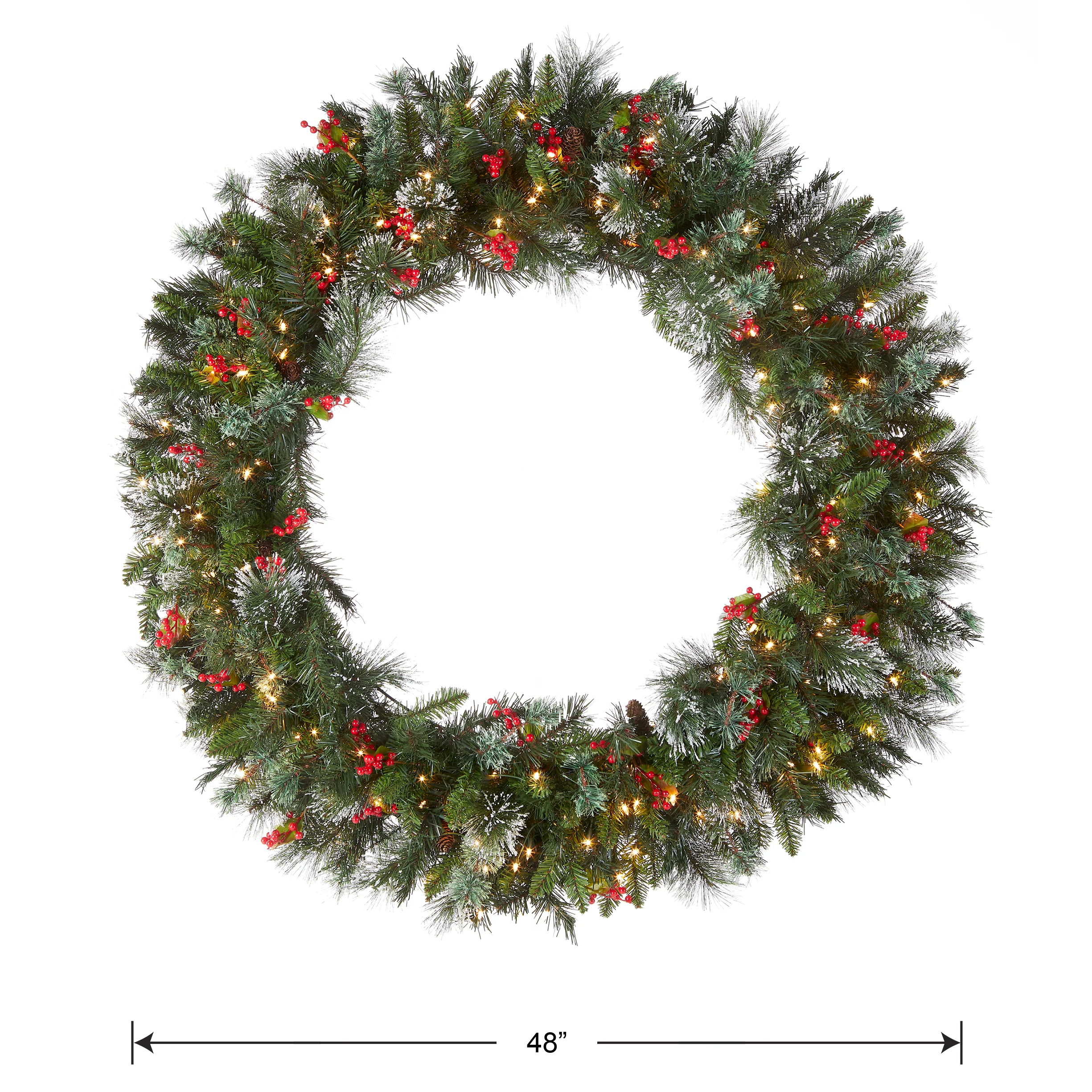 48 in. Pre-Lit Wintry Pine Wreath with Clear Lights, Plug-In - Image 4