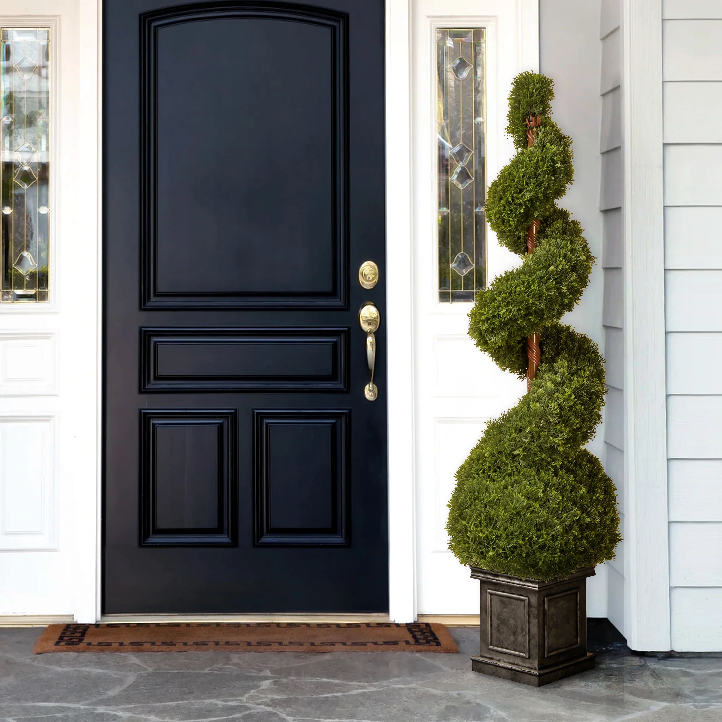 48 in. Cedar Spiral Topiary Tree with Ball in a Black Square Pot - Image 2