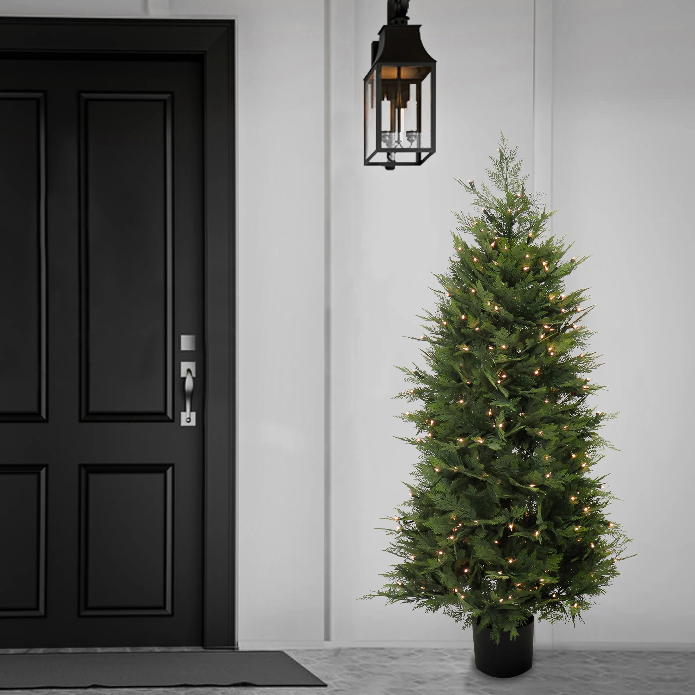 5 ft. Pre-Lit Cypress Topiary Tree in Black Plastic Nursery Pot with Clear Lights - Image 2