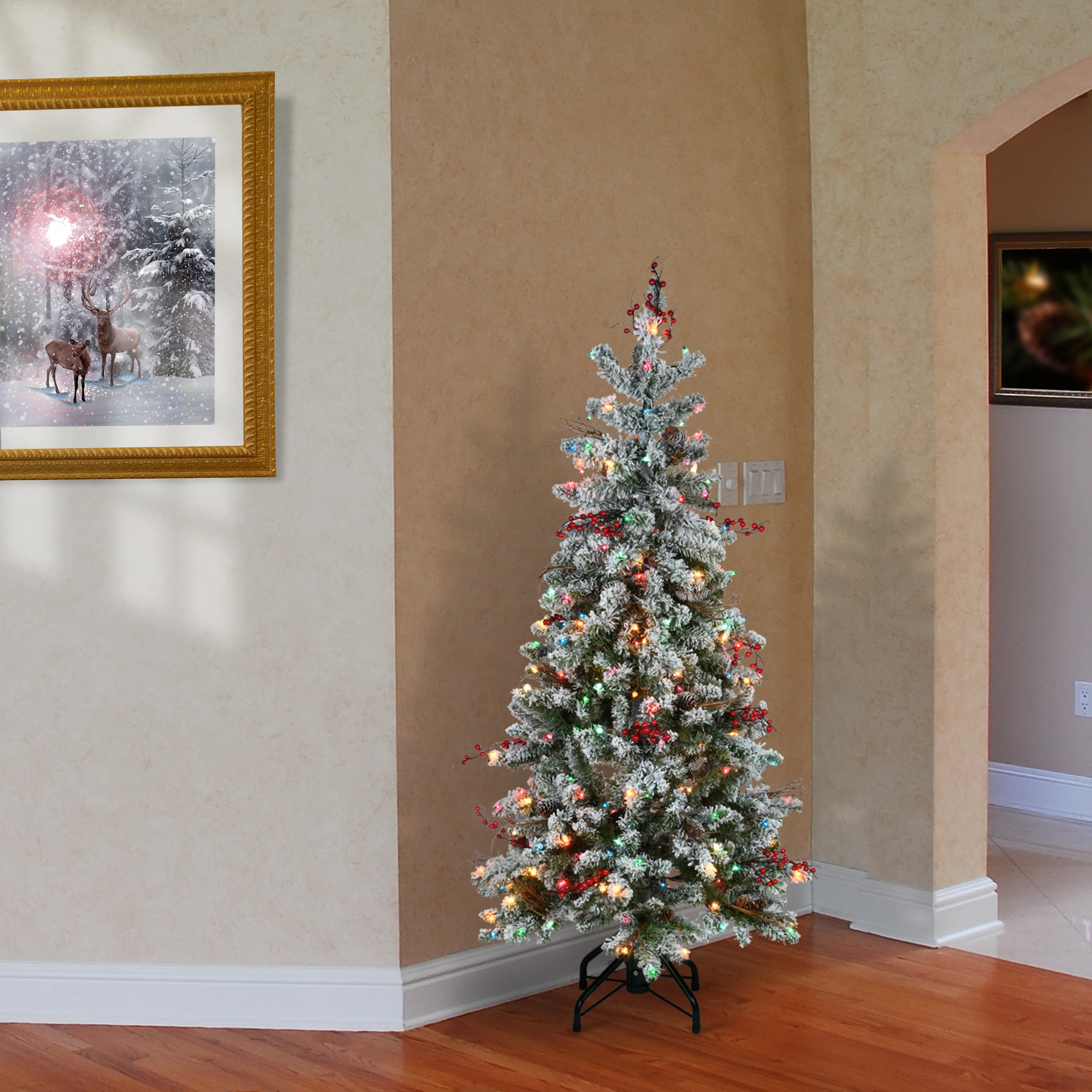 5 ft. Pre-Lit Snowy Freehold Spruce Pencil Slim Tree with Multicolor Lights - Image 2