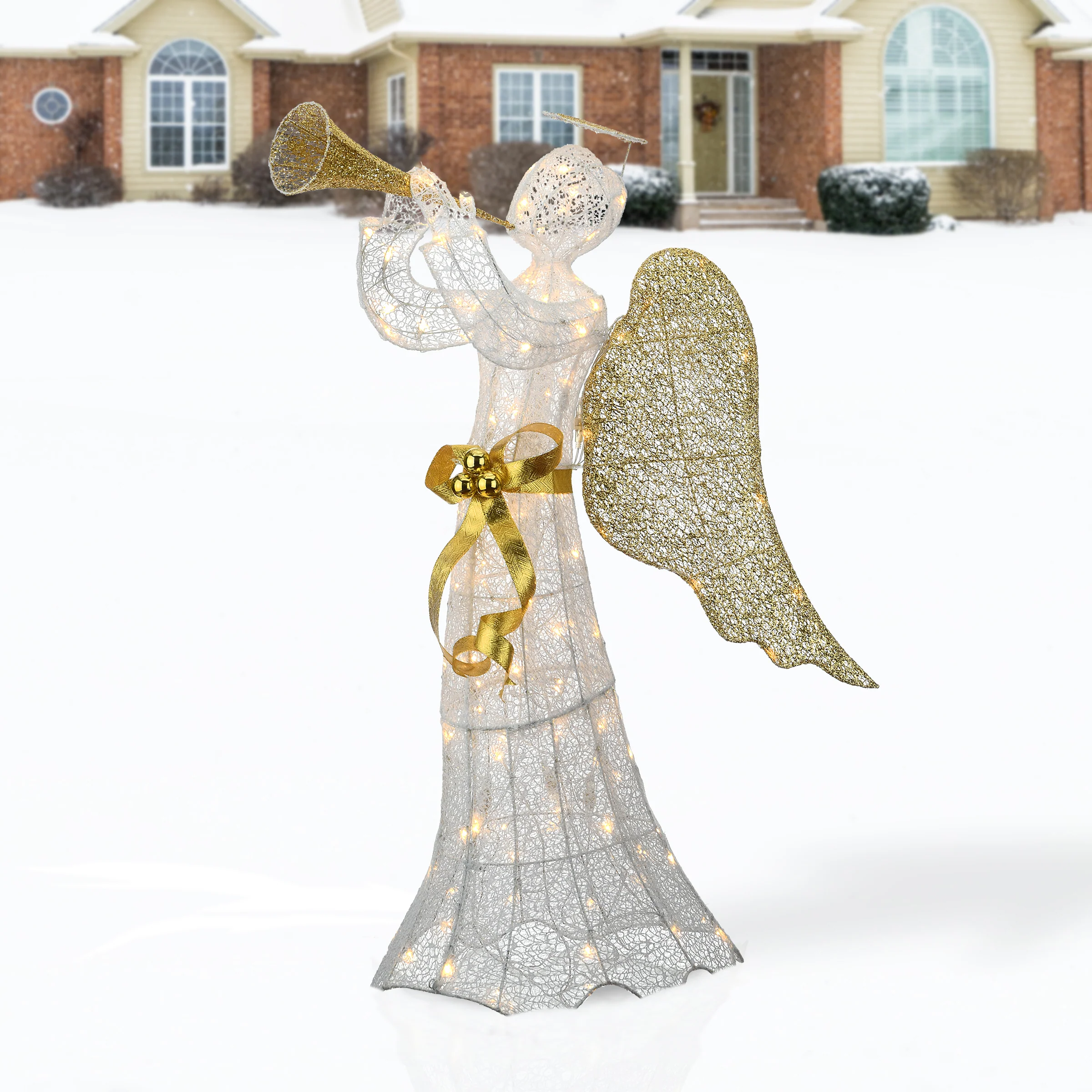 51 in. Trumpeting Gold and White Angel with Warm White LED Lights, Plug-In - Image 2