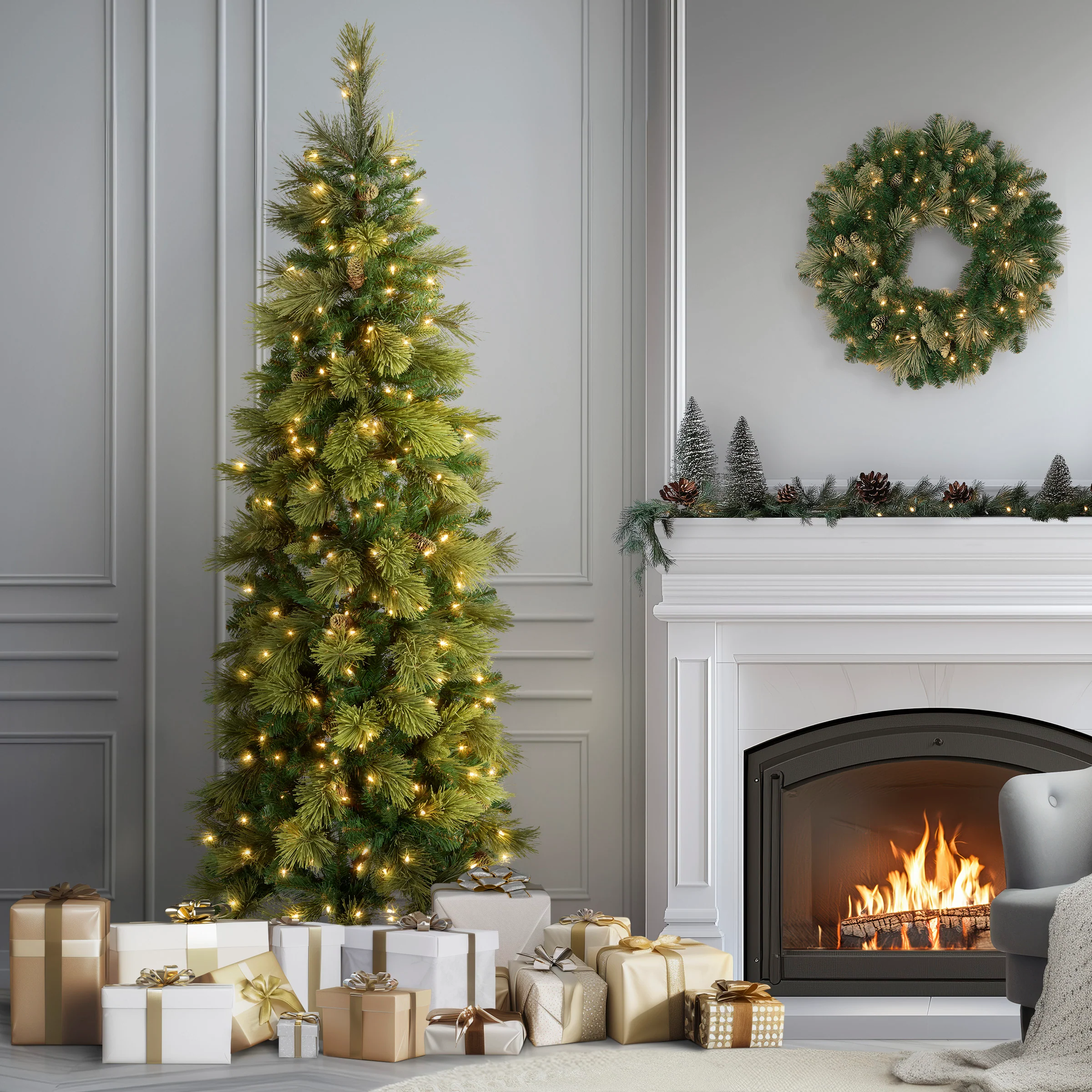 6.5 ft. Pre-Lit Carolina Pine Slim Tree with Clear Lights, Plug-In - Image 2