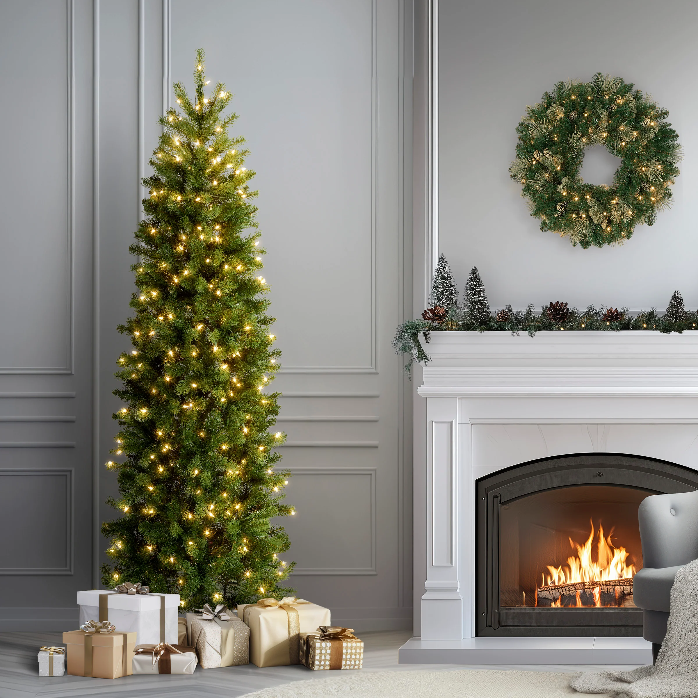 6.5 ft. Pre-Lit Downswept Douglas Fir Pencil Slim Tree with Clear Lights - Image 3